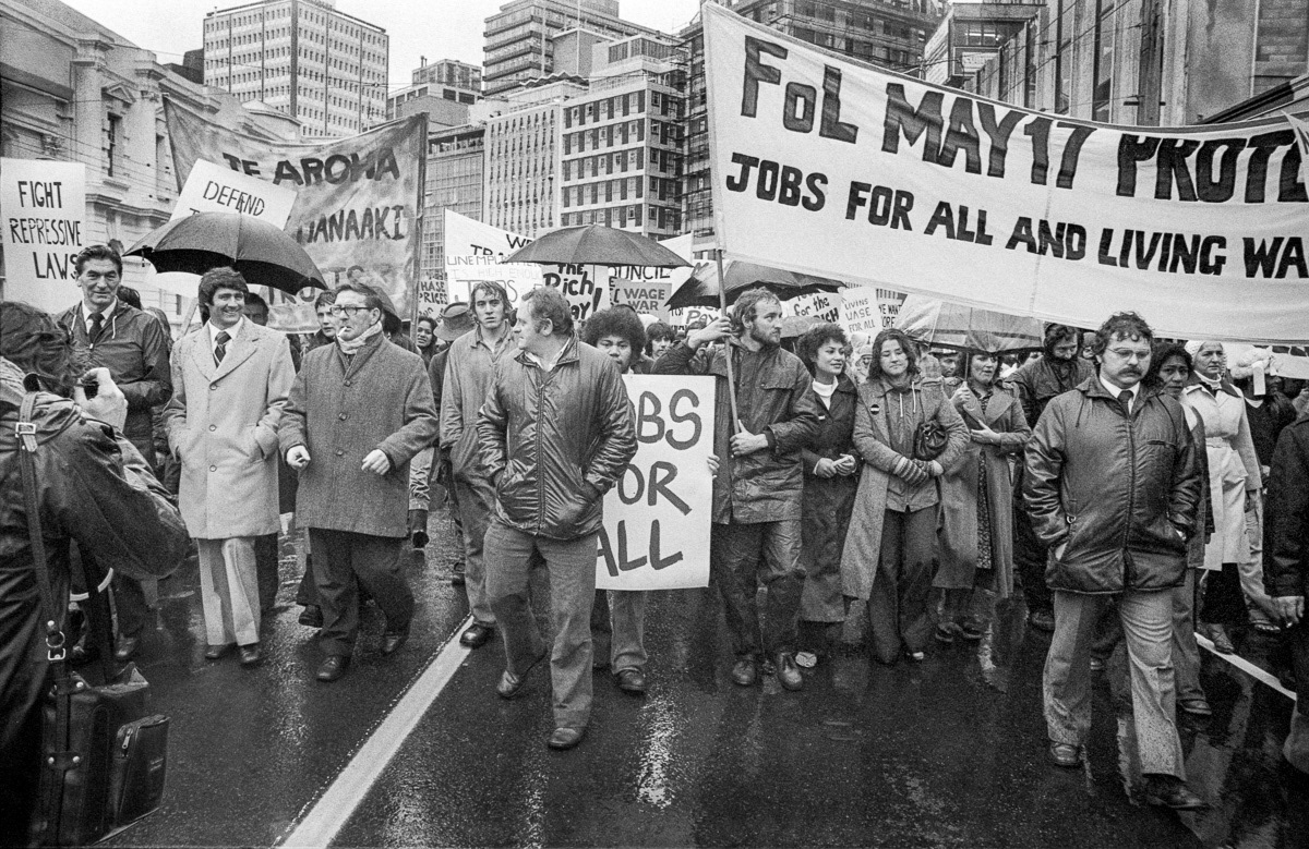 FOL protest march on Lambton Quay, Jim Anderson, Pat Kelly, Helen Clark and others