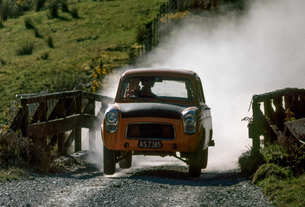 Fords Prefect competing in Westland Car Club bent sprint through Aorangi Reserve near Greymouth, West Coast