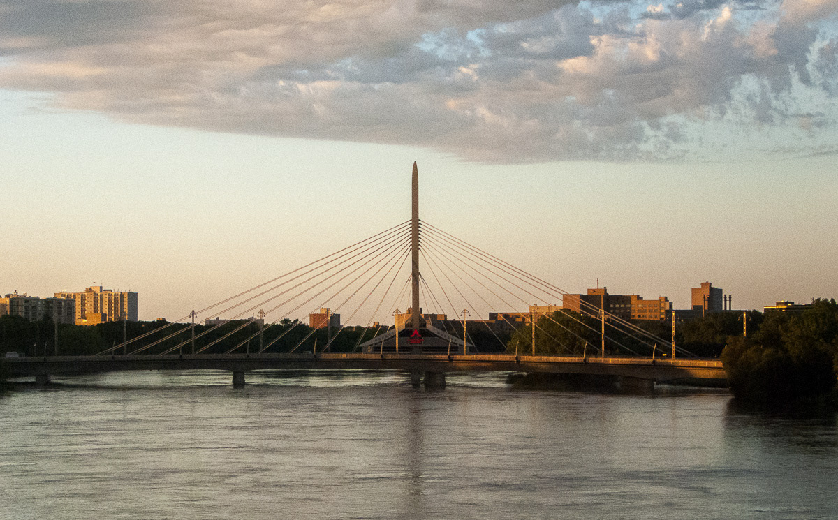 Esplanade Riel over the Red River, Winnipeg, as seen from the train, 2011