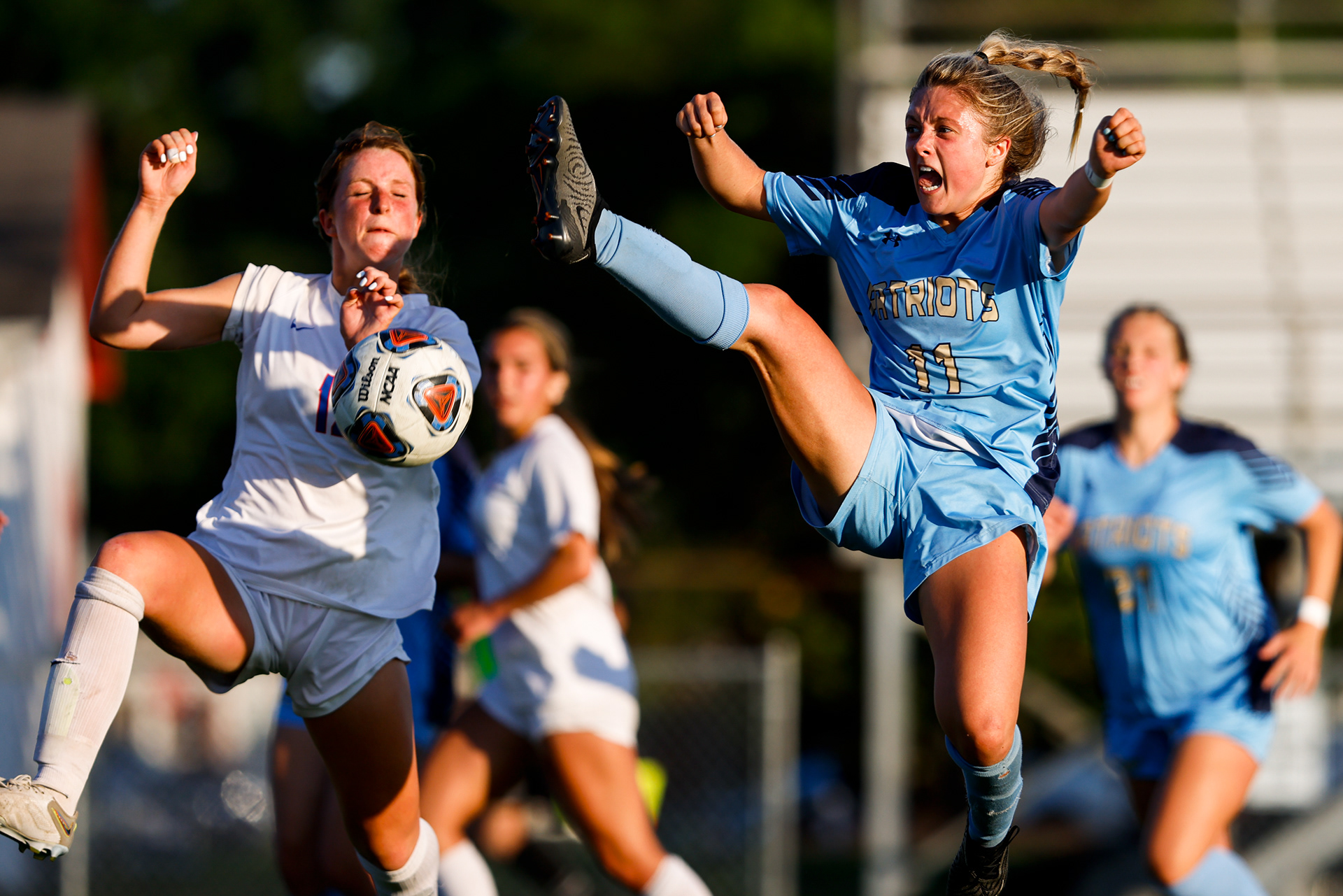 First Colonial Sydney Miller (11) flies through the air attempting to score from just inside the box. Princess Anne defeated First Colonial 5-2 in the Class 5 Region A championships on June 2, 2023 at Bayside High School in Virginia Beach, Virginia.