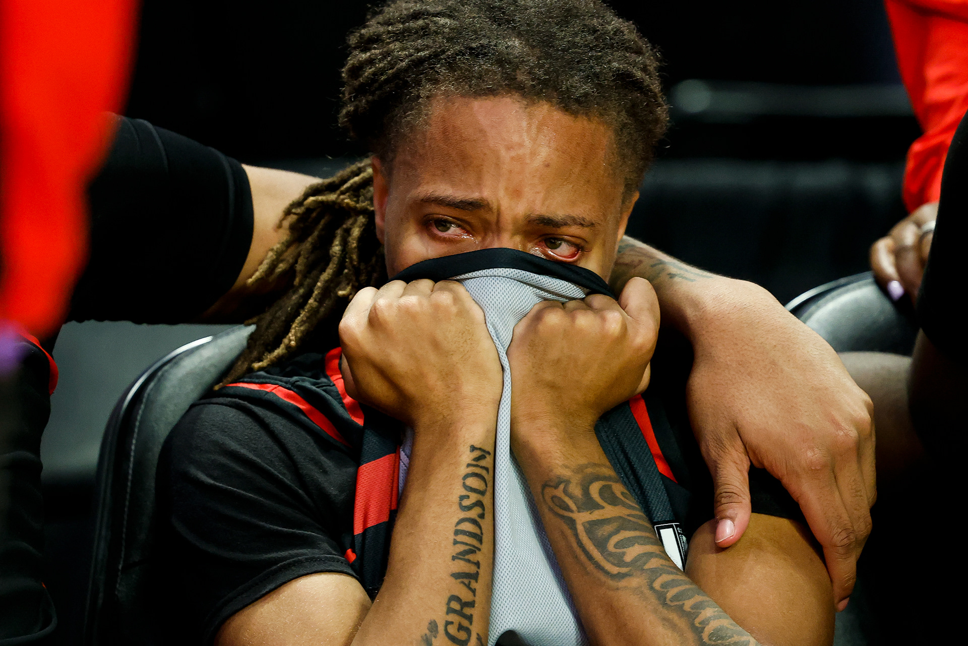Lake Taylor Triston Skipwith (3) wipes tears from his face after Northside defeated Lake Taylor 73-58 in the VHSL Class 3 State Championship at the Siegel Center in Richmond, Virginia, on March 8, 2024. 