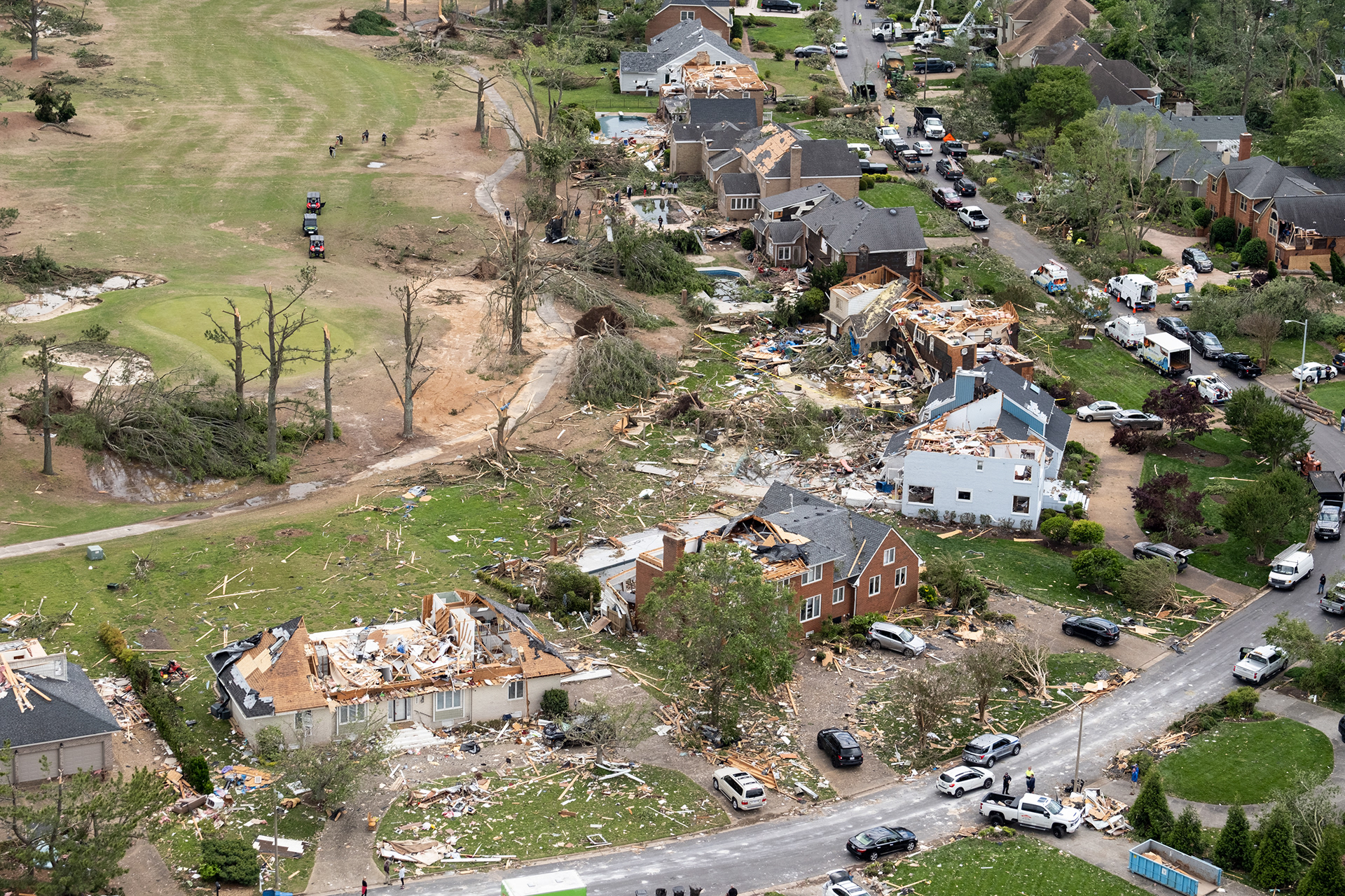 A late afternoon tornado brought severe damage to the Great Neck section of Virginia Beach, Virginia, as seen on May 1, 2023.