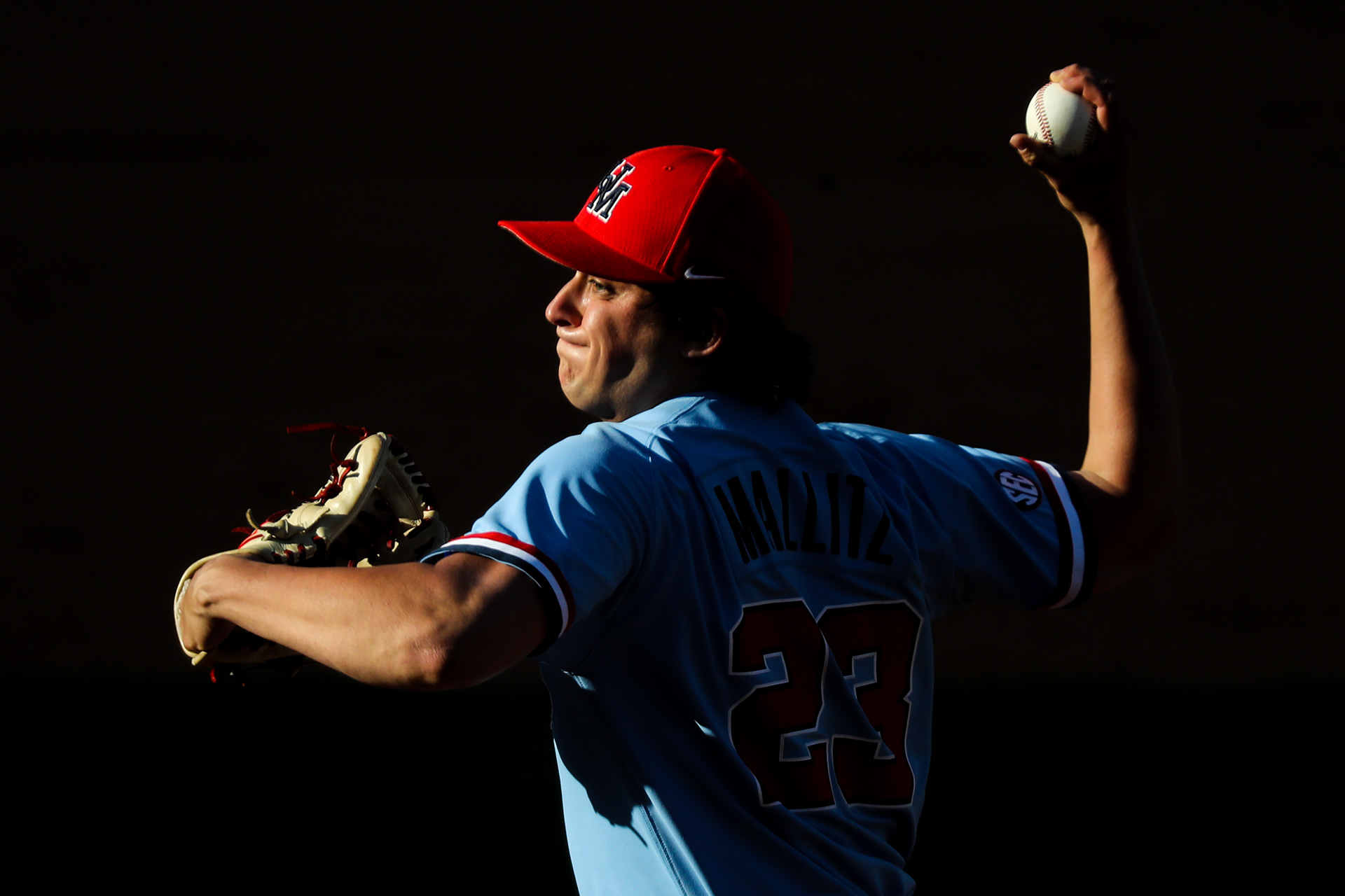 University of Mississippi reliever Josh Mallitz pitches during the 19-11 win over Auburn University at Swayze Field in Oxford, Mississippi on Mar 21, 2021.