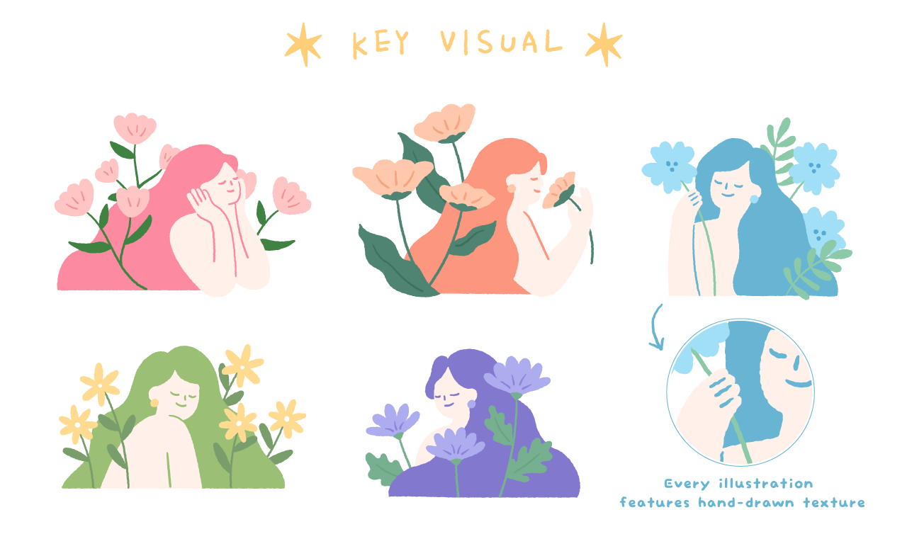 女性與花卉的主視覺插畫