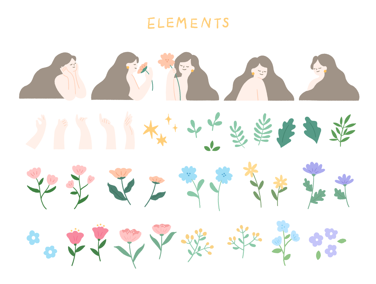女性與花卉的插畫素材