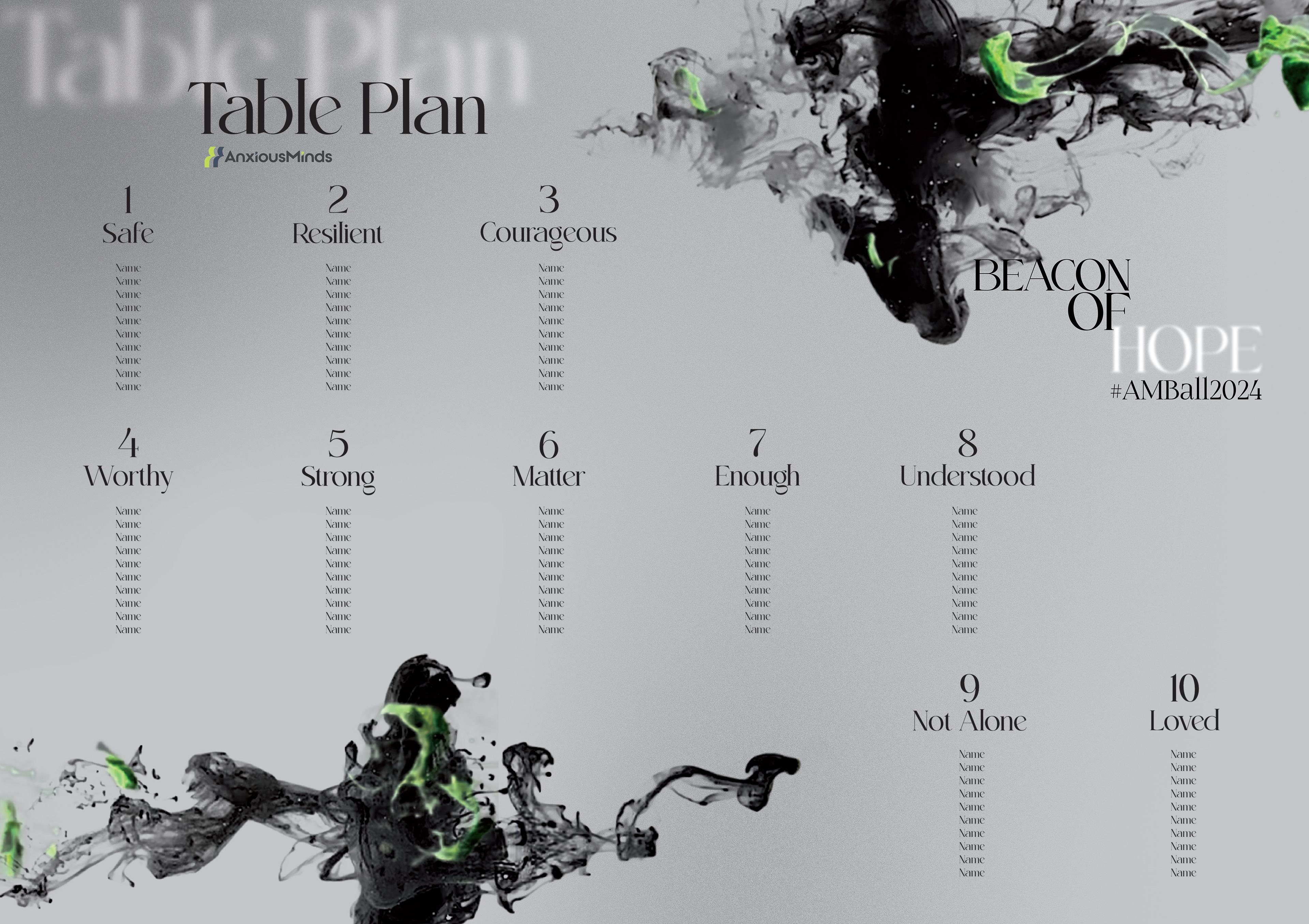 Table plan, showing all tables with a positive message for hope and support.