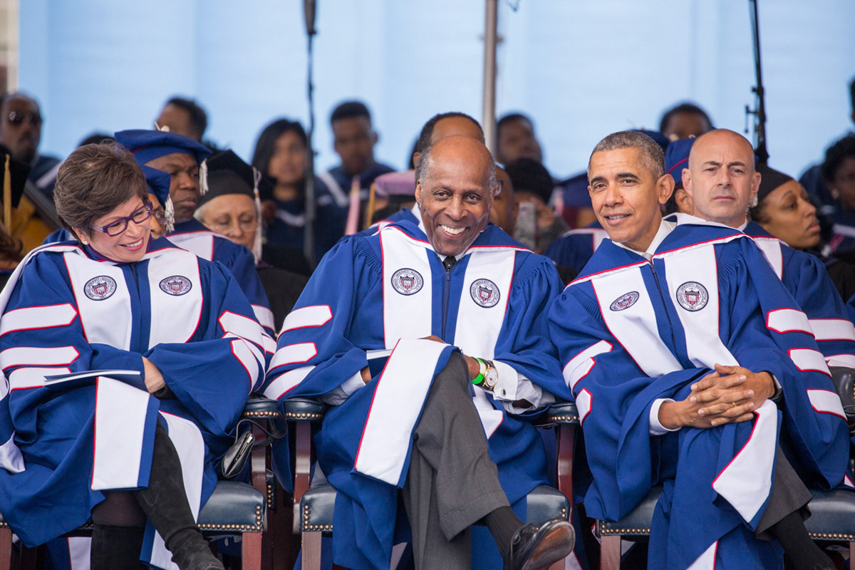 Washington, D.C. — On Saturday, May 7 at Howard University Upper Quandrangle University Campus, l-r, Valerie B. Jarrett (Senior Advisor to President Obama), Vernon Eulion Jordan, Jr. (American business executive and civil rights activist), and President Barack Obama share a laugh at the 148th Commencement Convocation. | ©2016 Photo by Cheriss May, www.cherissmay.com