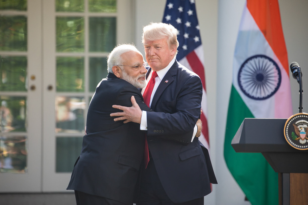 (L-R), Prime Minister Narendra Modi of India, and President Donald Trump, hug during their joint press conference in the Rose Garden of the White House, on Monday, June 26, 2017. (Photo by Cheriss May)