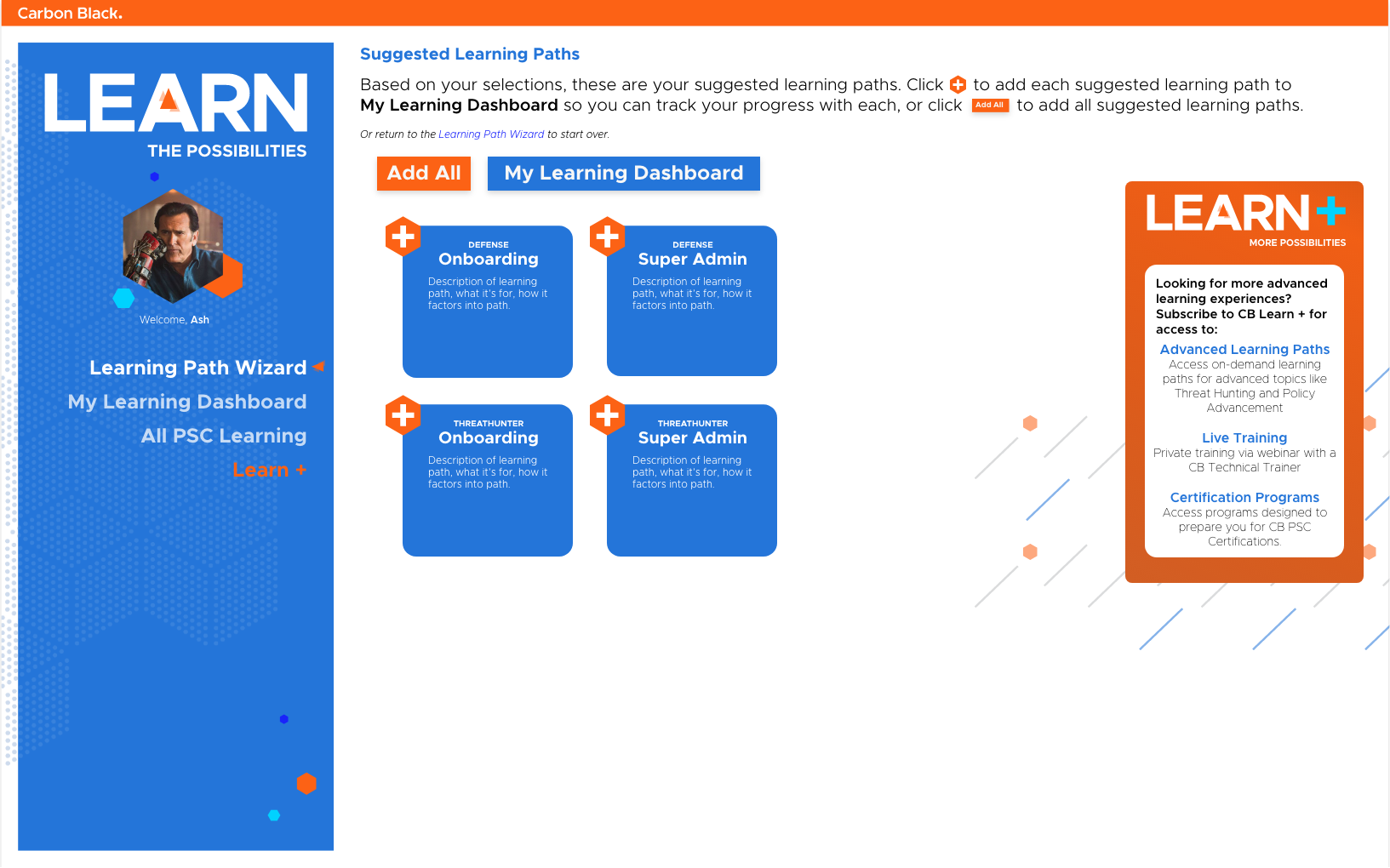 Wizard ends with suggested learning paths, which learner can add to their dashboard to track their progress.