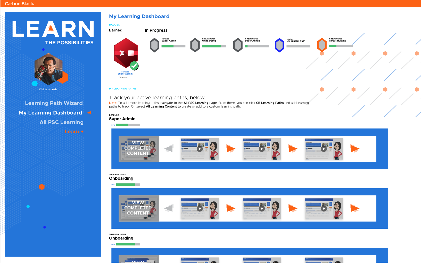 Learning Dashboard, showing earned badges and active learning path progress.