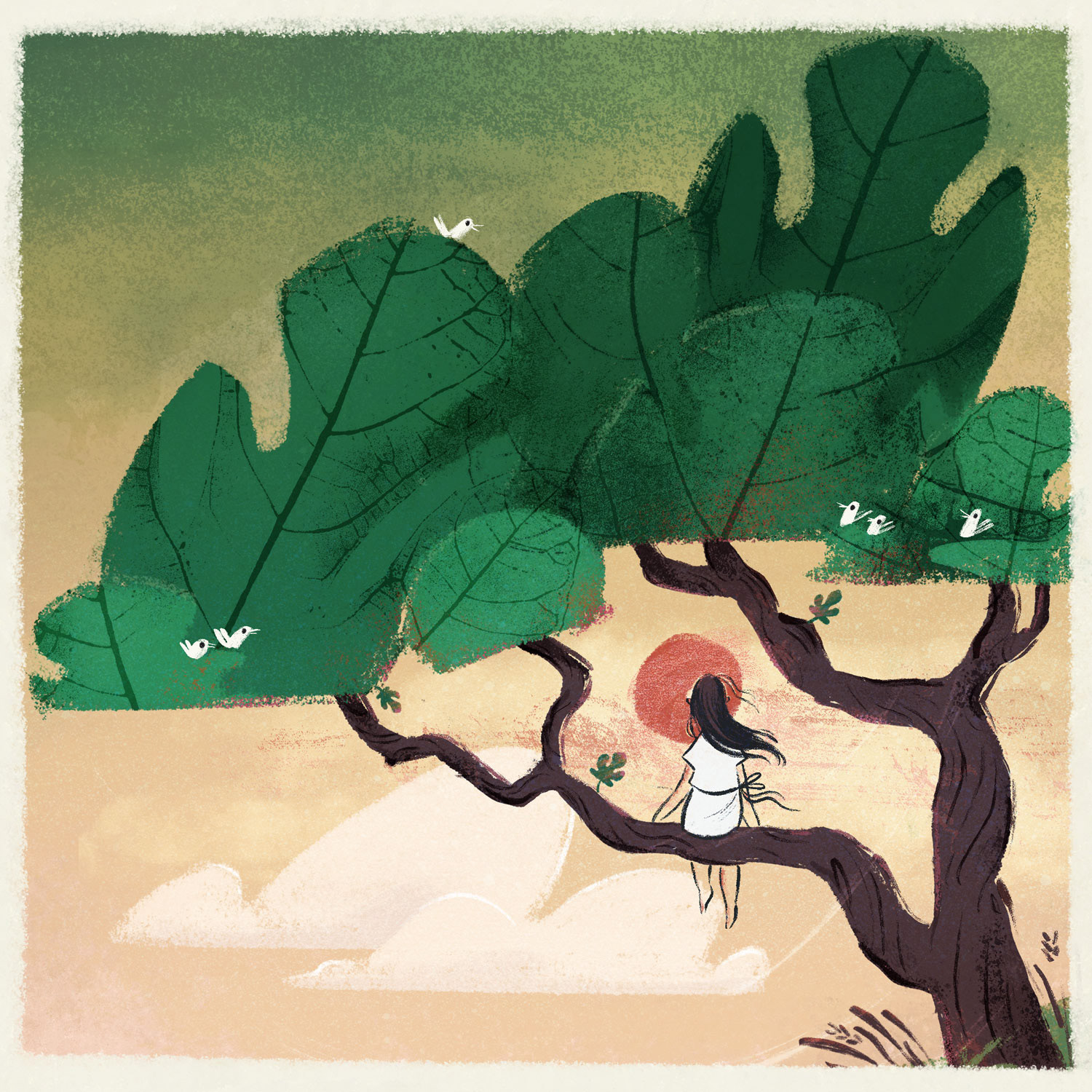 Illustration girl in a fig tree, stylized and elegant
