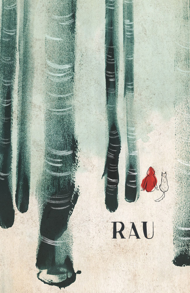 Elegant Illustration of a girl and a wolf sitting in a forest. Style is minimalistic and stylized.
