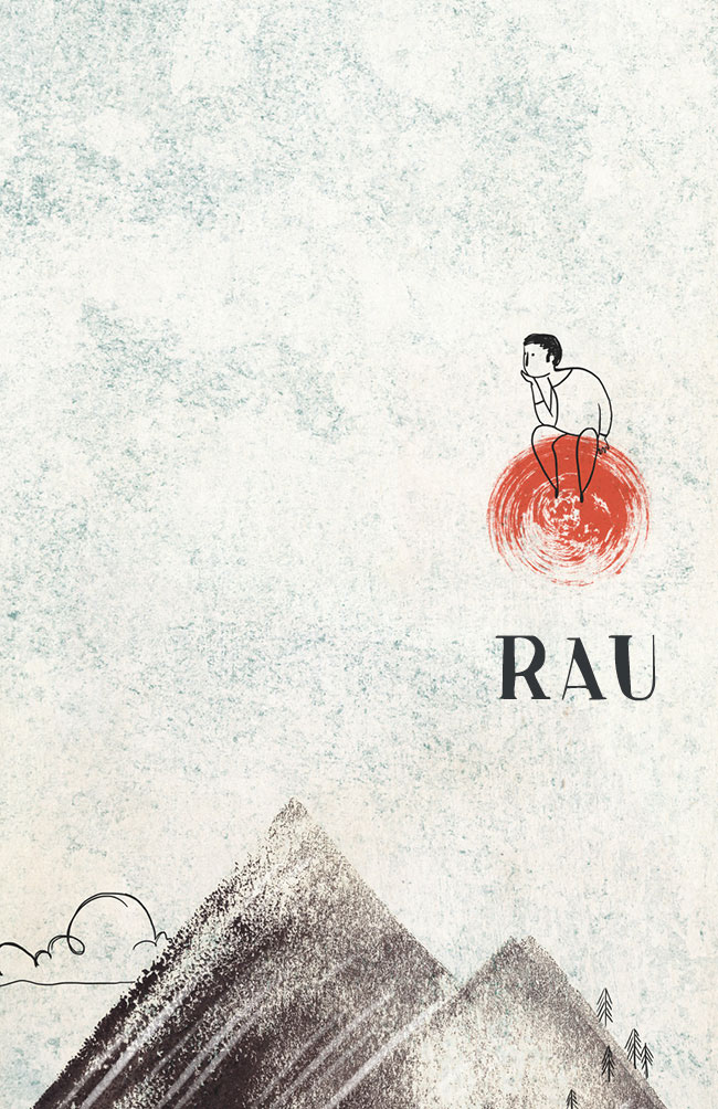 Elegant Illustration of person sitting in the sund and looking over mountains. Minimalistic style.
