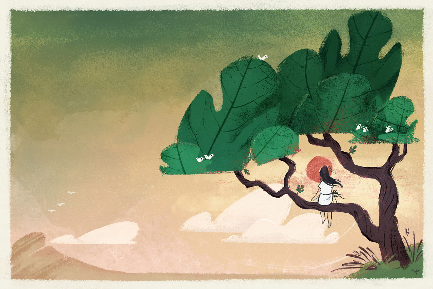 Illustration girl in a fig tree, stylized and elegant