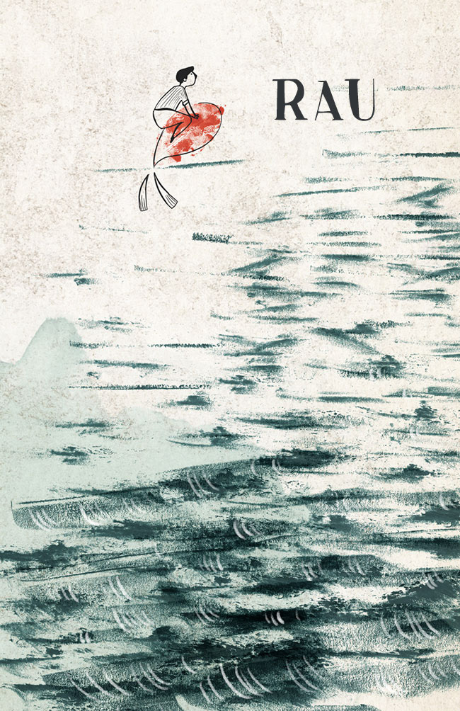 Elegant Illustration of a person on a fish over the water. Minimalistic style.