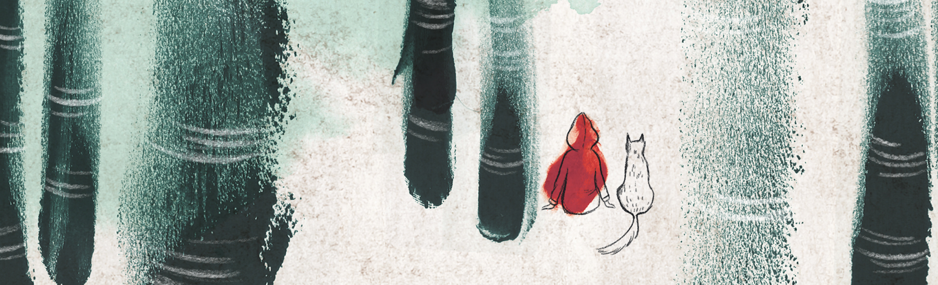 Top Banner with illustration of a girl and a wolf sitting in a forest