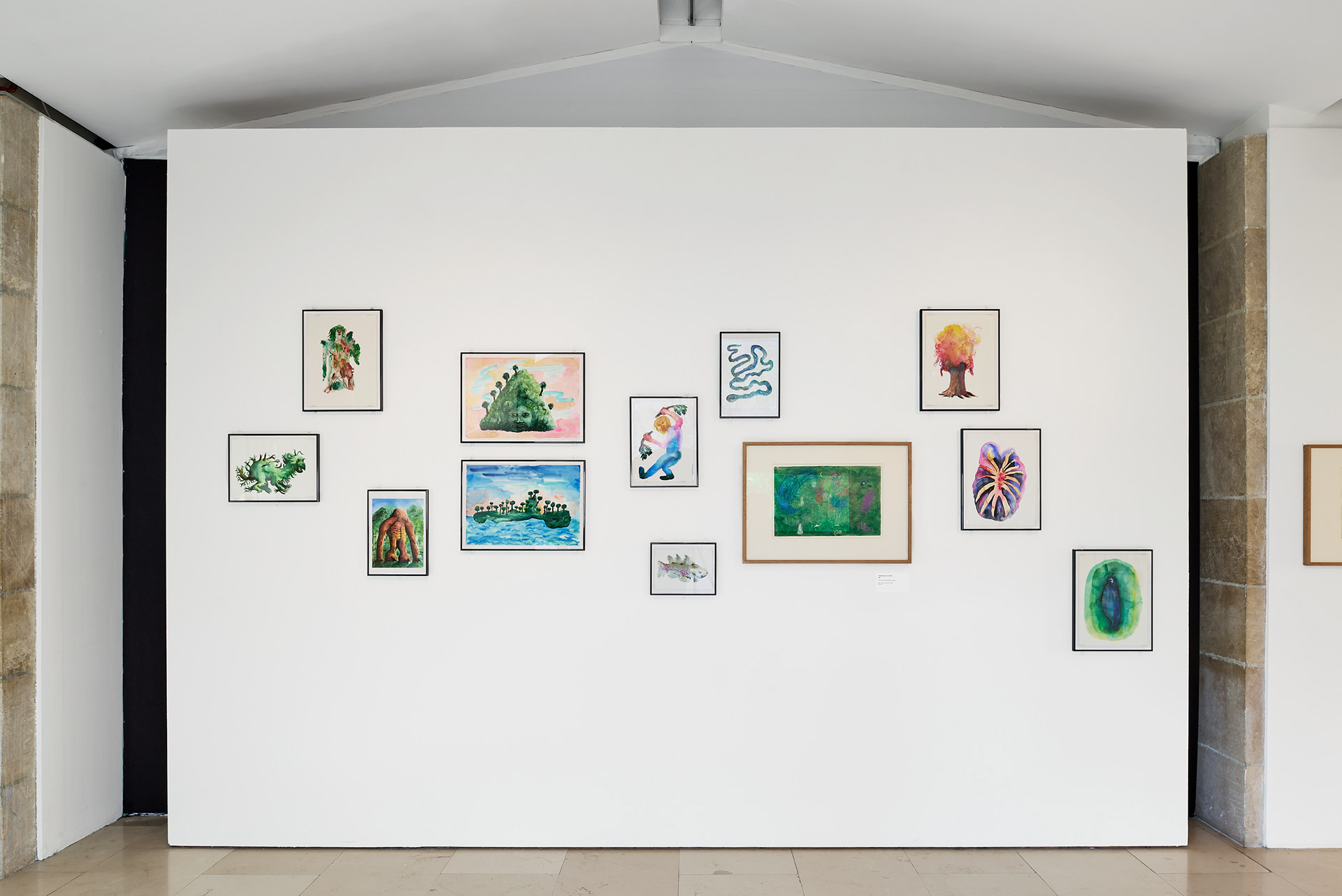 Jérémy Griffaud, Sous le ciel, 2024, série de dessins préparatoires, aquarelle sur papier. Marc Chagall, Le Paradis, 1961. Dessin préparatoire, pastel et lavis d'aquarelle sur papier, collection du musée national Marc Chagall, Nice. Photo : © musées nationaux du XXe siècle des Alpes-Maritimes / Anthony Lanneretonne © Adagp, Paris, 2024.