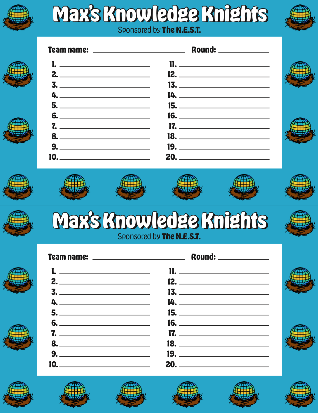 Trivia night answer sheets