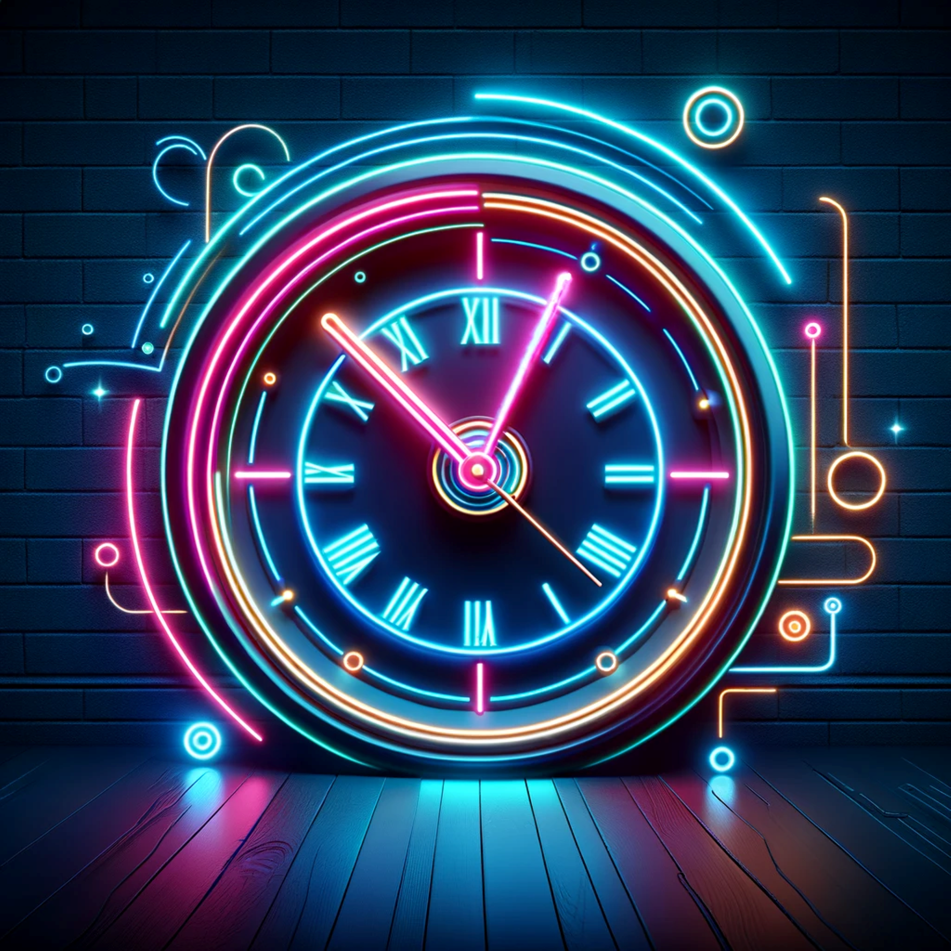 Neon Time Spiral: Step into a dimension where time glows with vibrant neon lights, each tick marked by a burst of color. This clock not only tells time but also tells a story of modernity and style.
