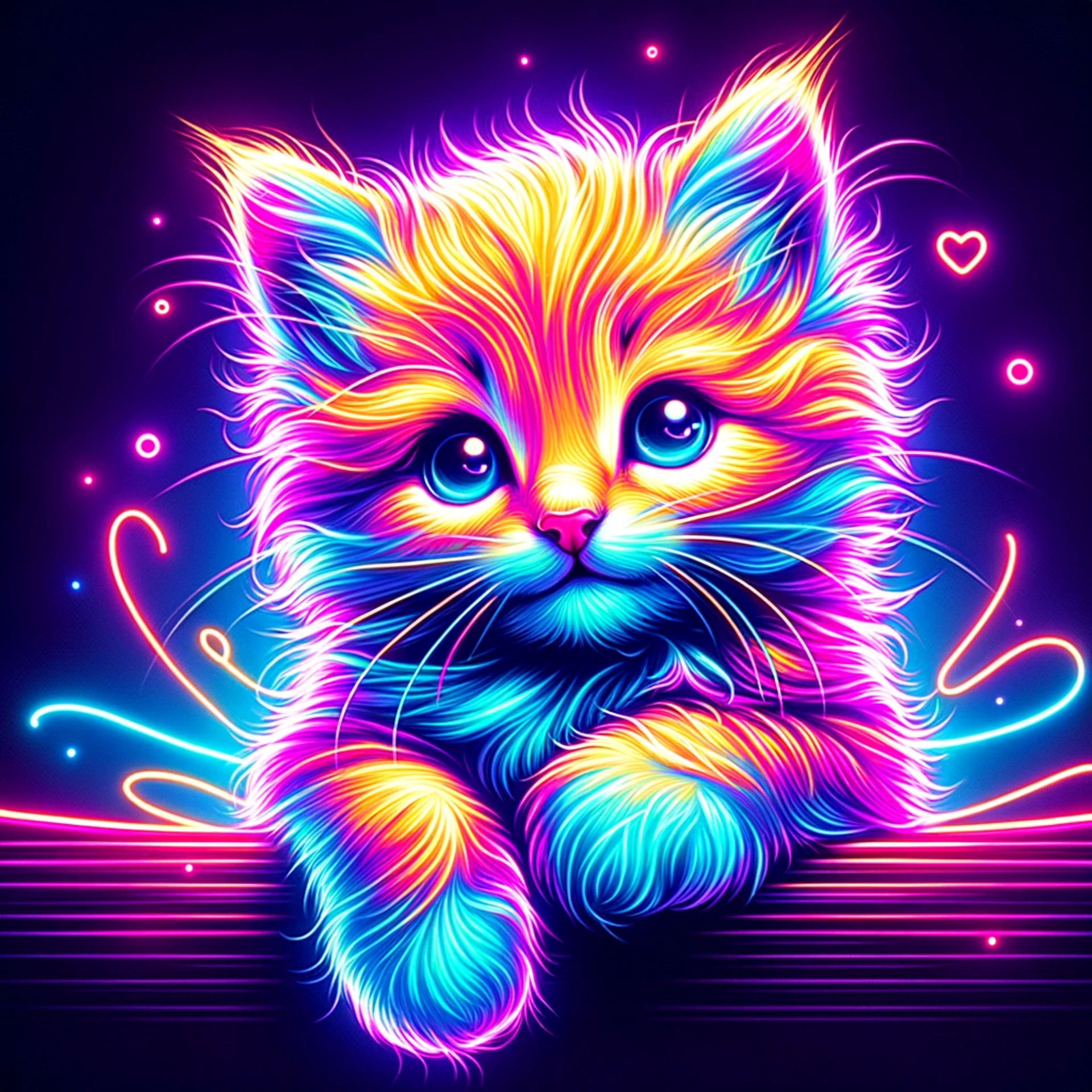 Neon Kitty Magic: Dive into the enchanting gaze of this neon-lit kitten, whose vibrant fur and sparkling eyes radiate pure joy and a touch of whimsy. A perfect blend of cuteness and color that warms the heart.