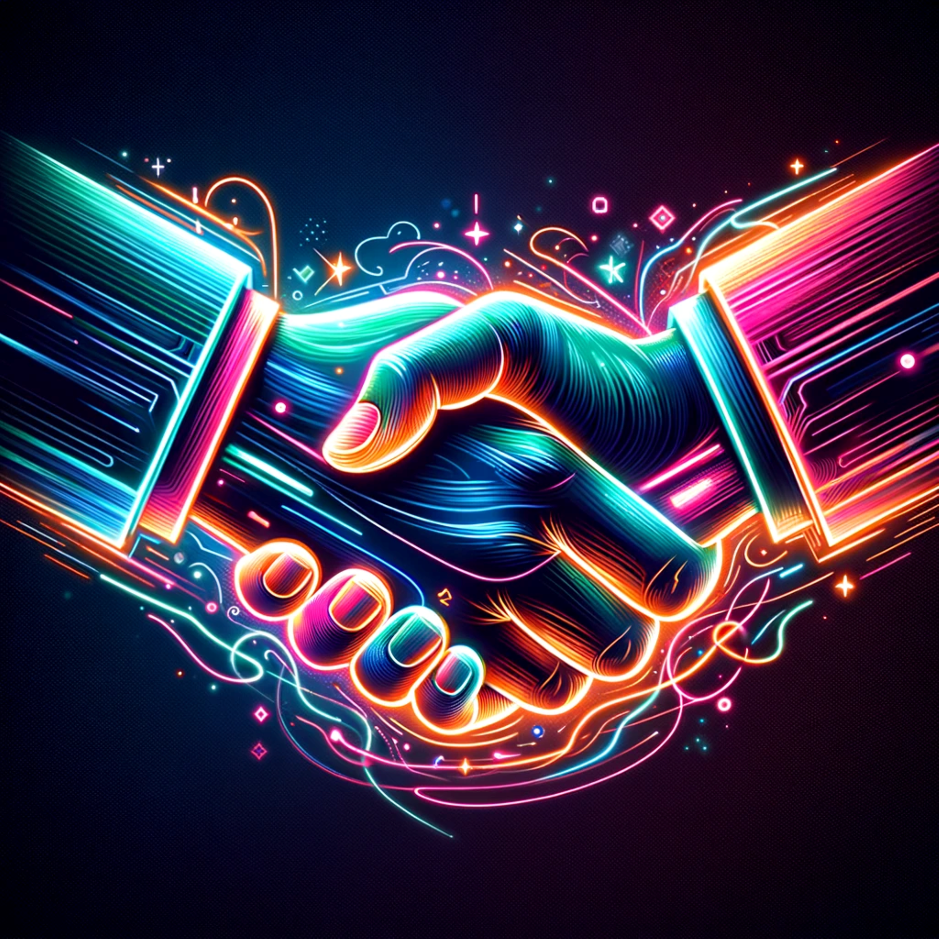 Neon handshake, partnership, business deal, vibrant colors, glowing lines, cyber connection, electric touch, digital agreement, futuristic collaboration, abstract networking.
