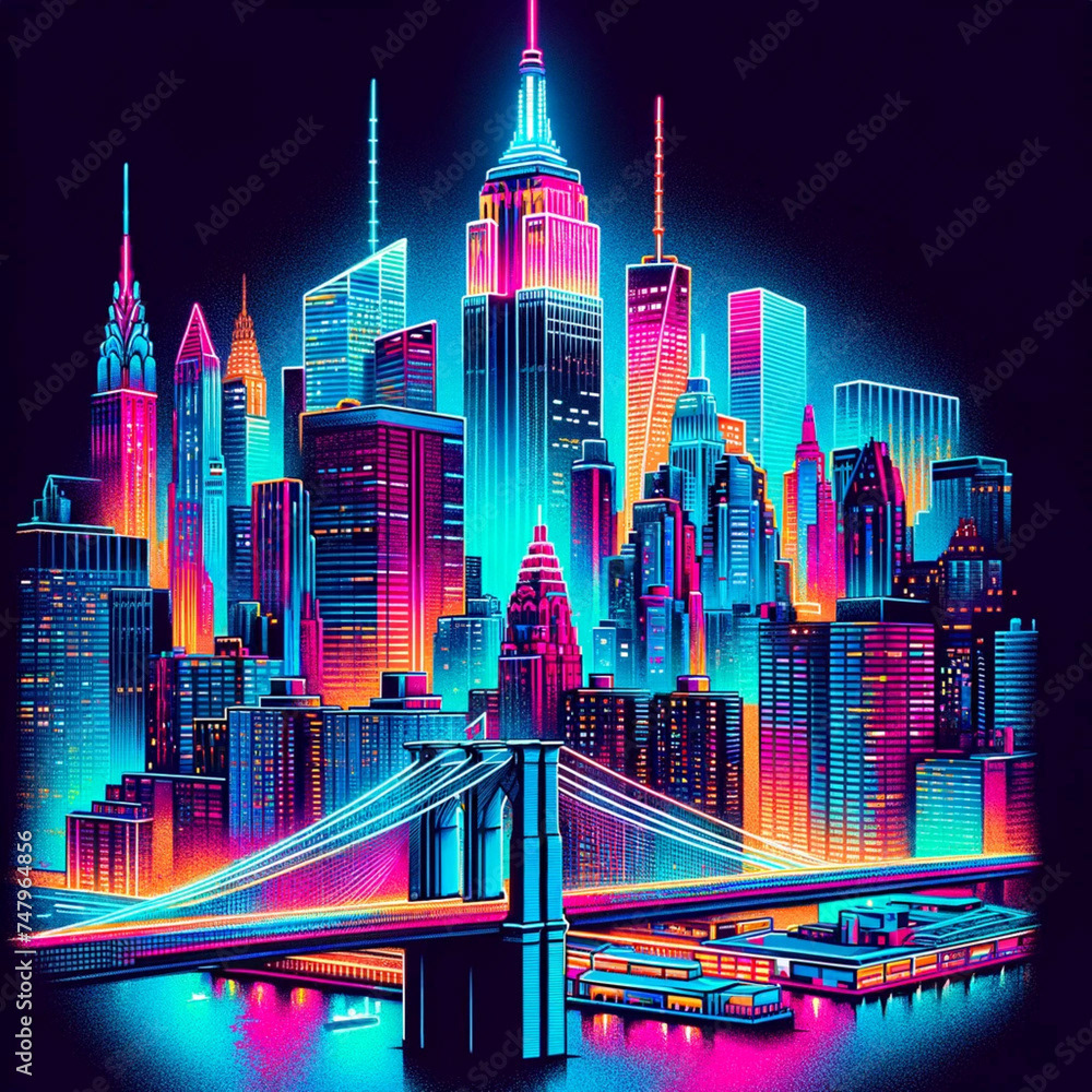 Neon urban landscape: futuristic view of a metropolis with bright neon lights and famous buildings at night.