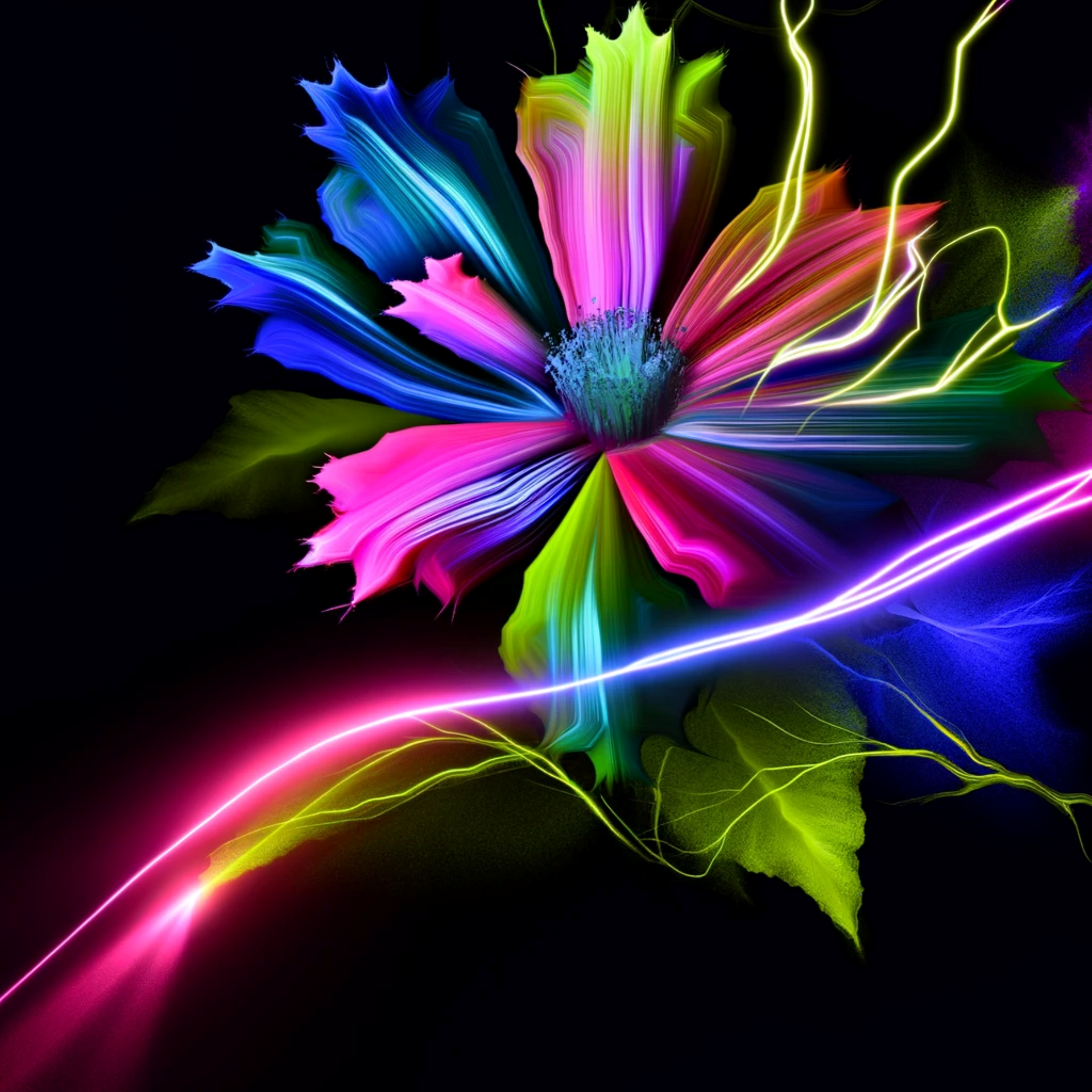 Neon flower, vibrant flora, glowing blossom, botanical art, electric nature, psychedelic plant, colorful petals, abstract gardening, luminous bloom, neon botanical