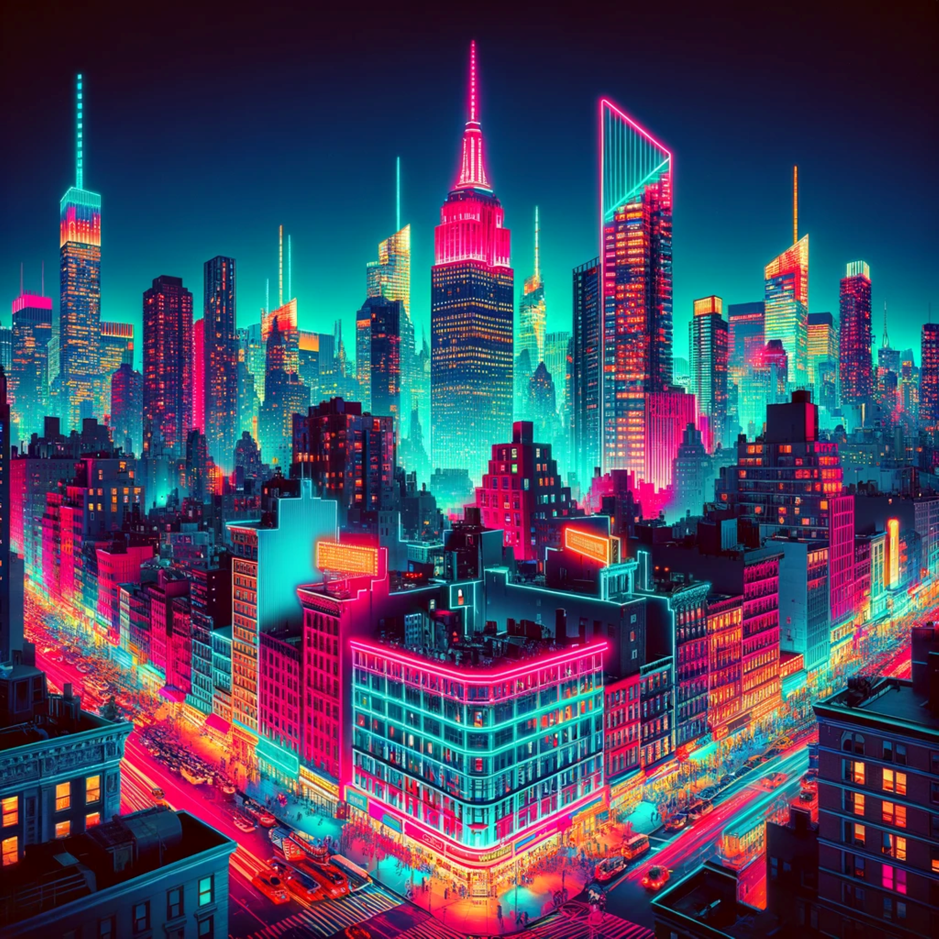 image of New York City in neon colors, featuring a different perspective or focus while still capturing the dynamic and energetic atmosphere of the city at night