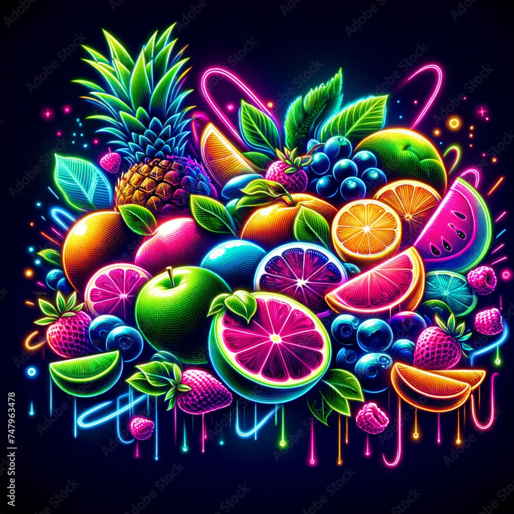 Neon Fruit Fiesta: A spectacular display of vibrant, glowing fruits, from juicy watermelons to tangy citrus, all shining in radiant neon colors, creating a feast for the eyes that energizes and inspires.