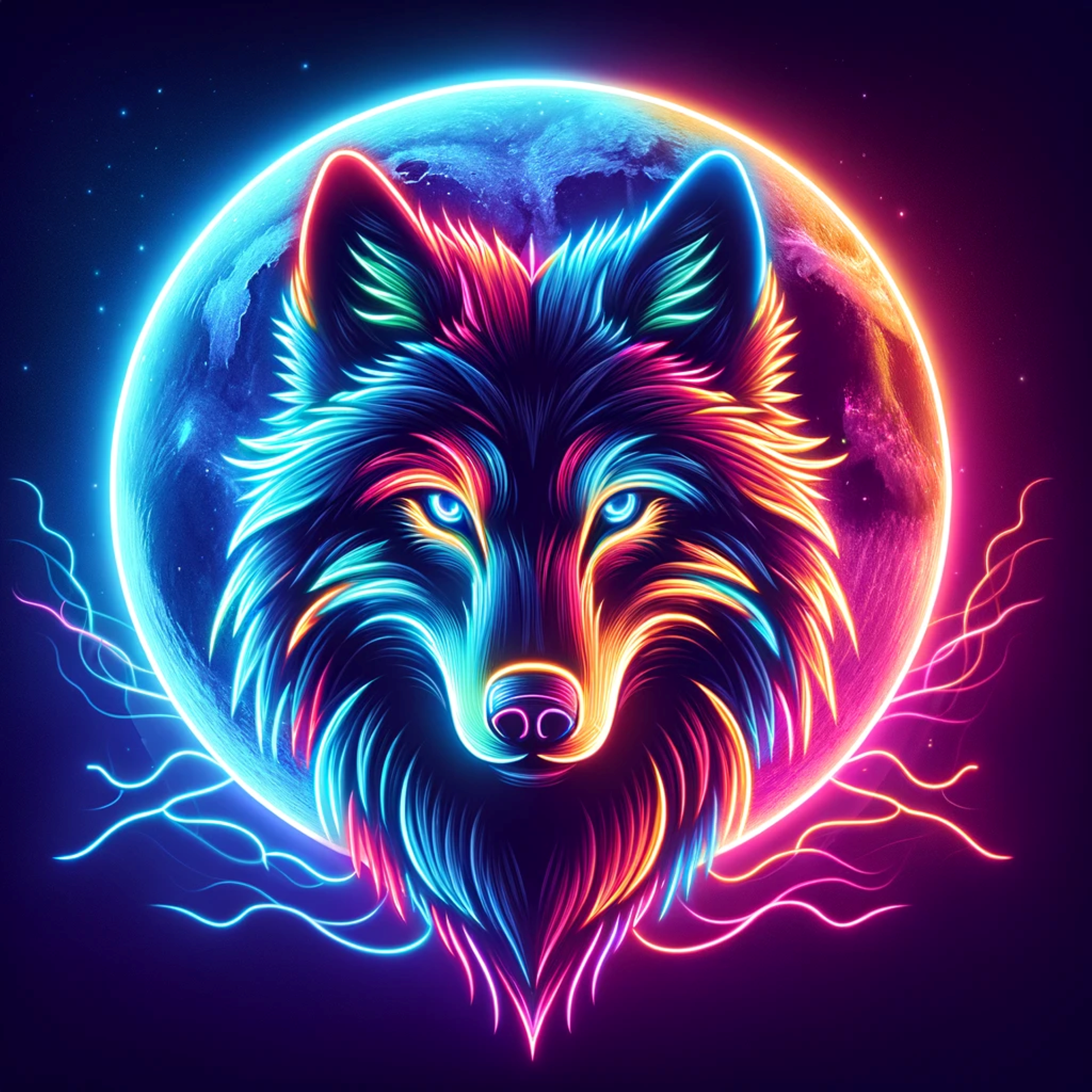 image of a wolf's face in neon colors, illuminated by the glow of a bright neon moon in the background.
