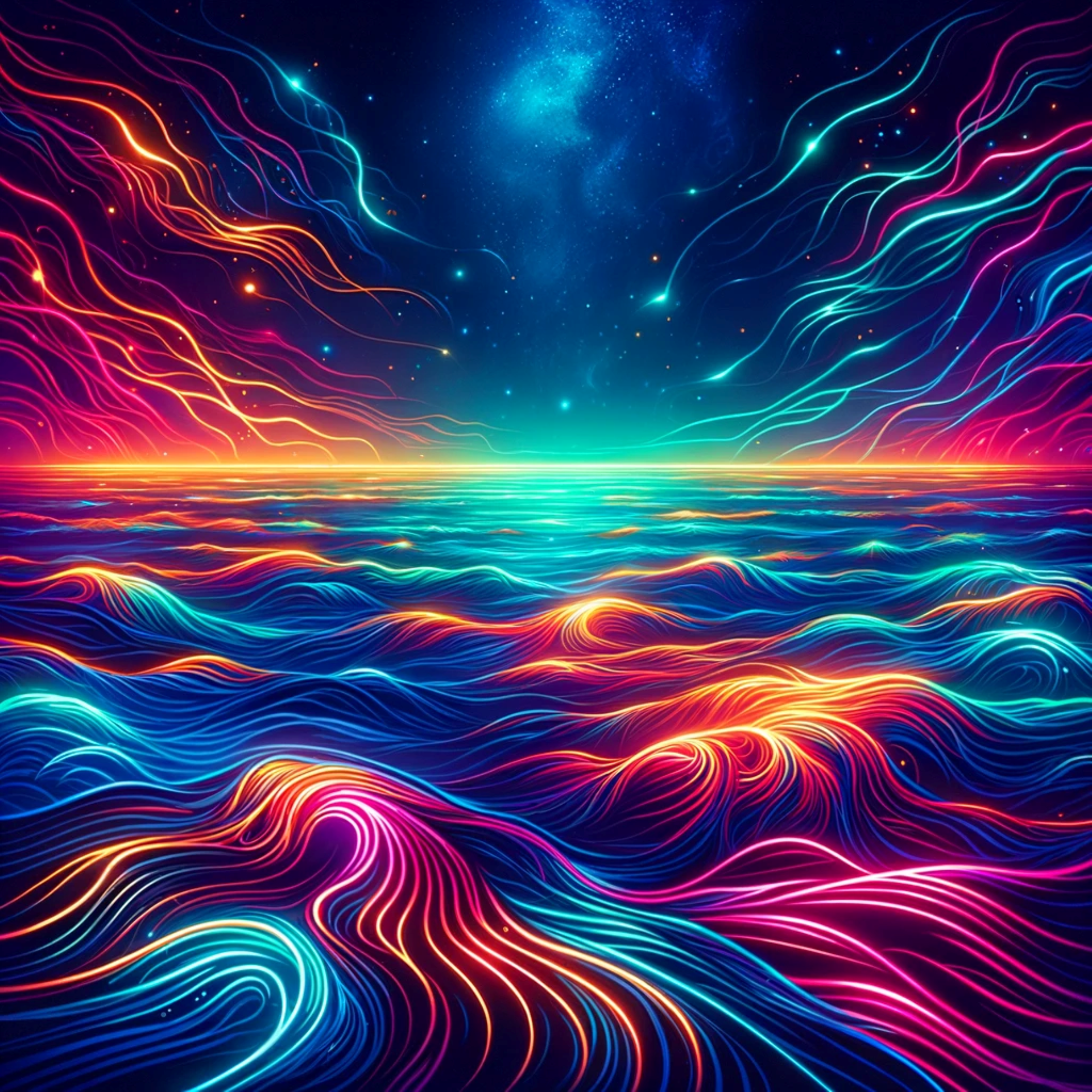Neon Sea under Starlight: Experience the mesmerizing beauty of an endless ocean, where waves of vibrant neon colors blend into a starlit sky, creating a breathtaking cosmic seascape.