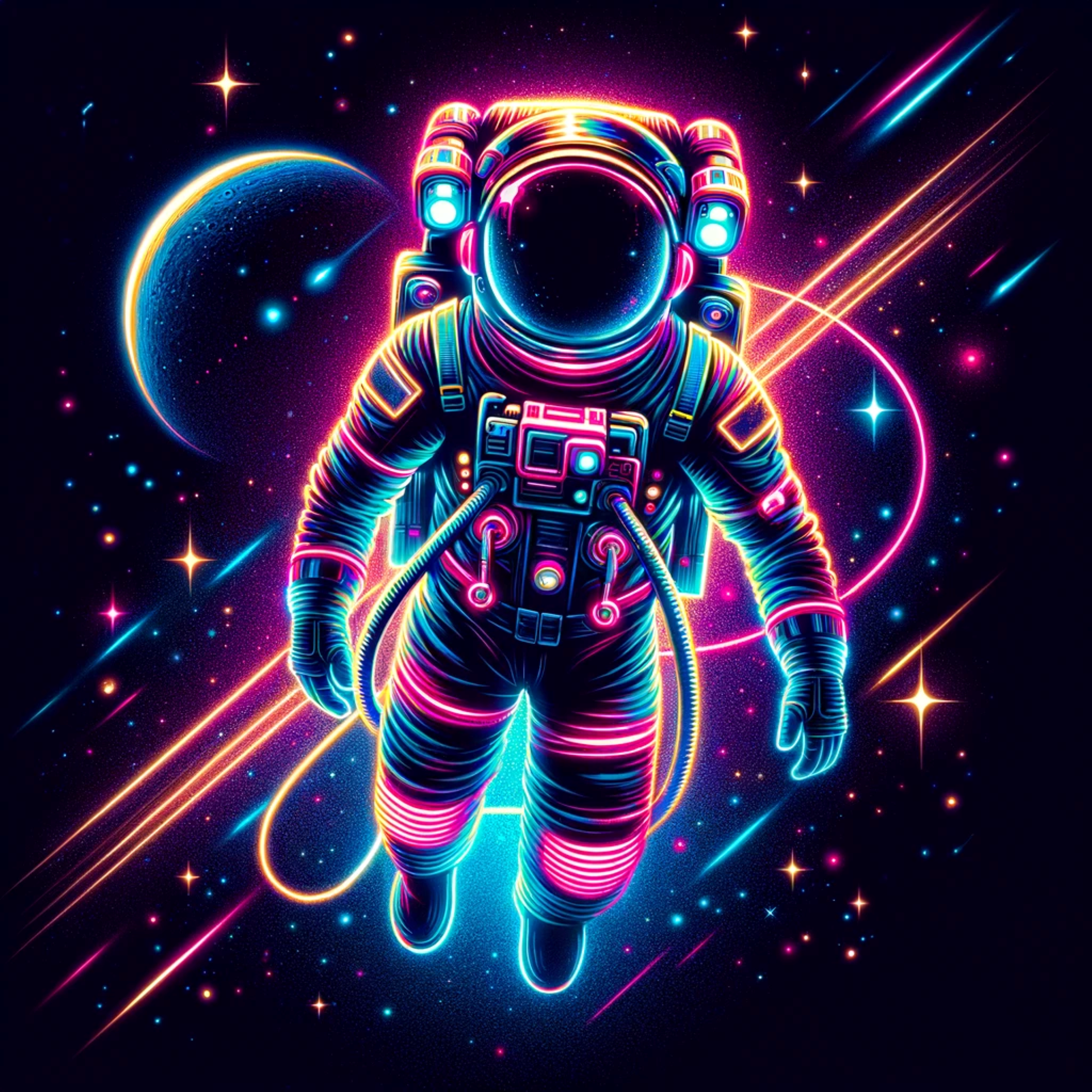 Neon astronaut, space explorer, cosmic suit, vibrant spacewalk, futuristic astronaut, interstellar travel, glowing space, cyber spaceman, star explorer, astral voyage