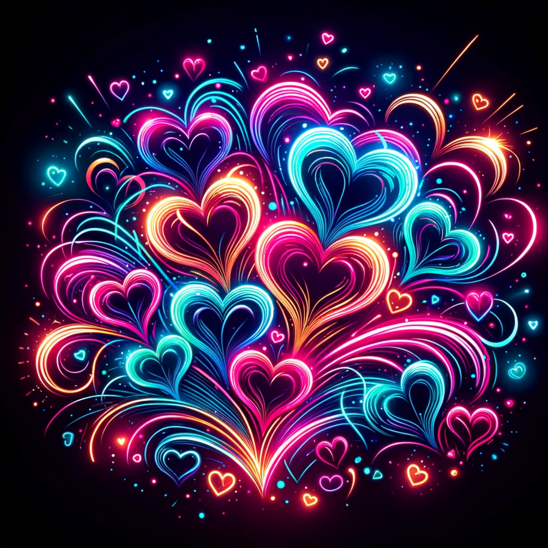 Neon Heart Blossoms: A vibrant explosion of love, depicted through cascading neon hearts that radiate warmth and joy, creating a mesmerizing spectacle of affection.