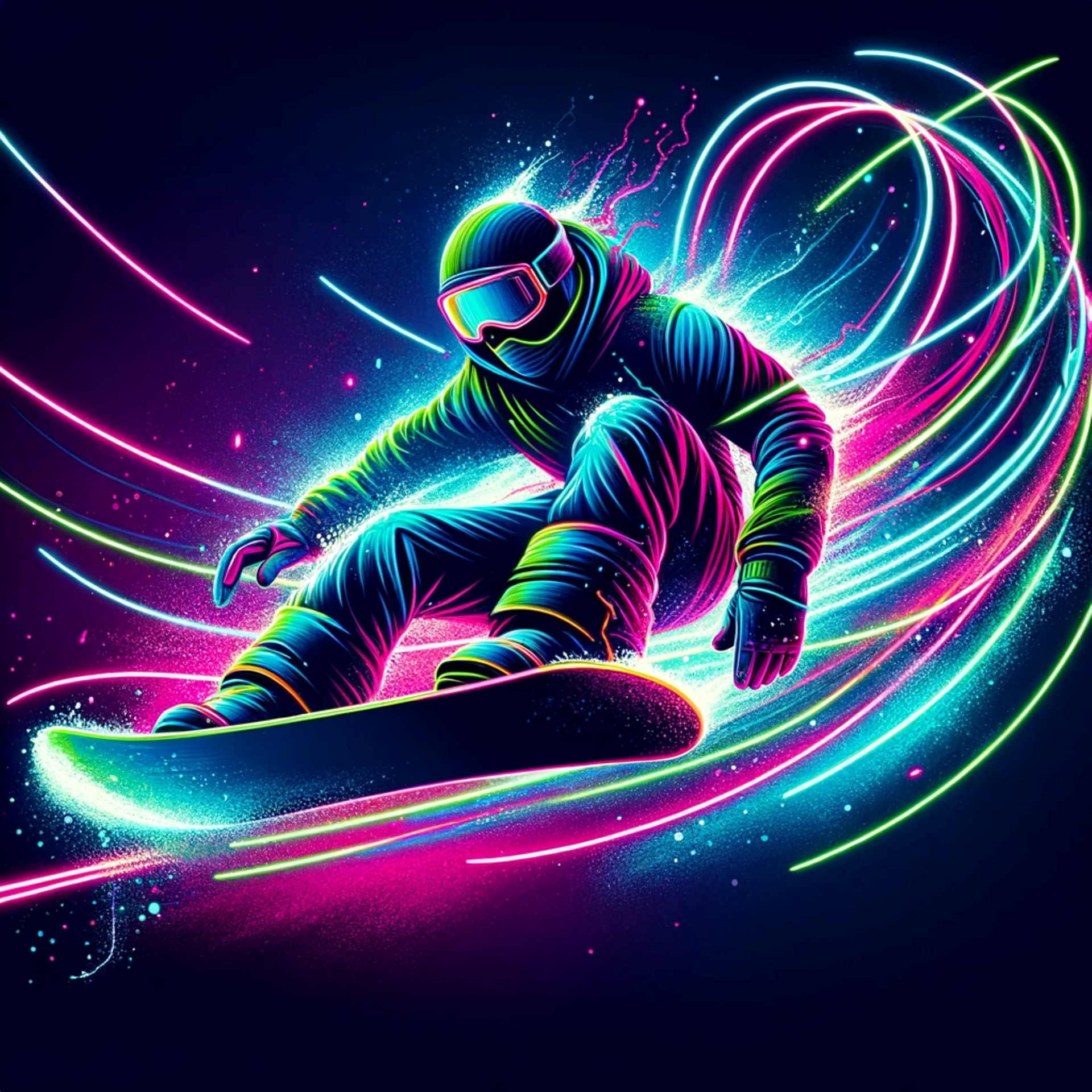 Neon Snowboarding: Carve through the cosmic slopes as this snowboarder dazzles with trails of neon light, blending extreme sports with a burst of vibrant energy and futuristic flair.