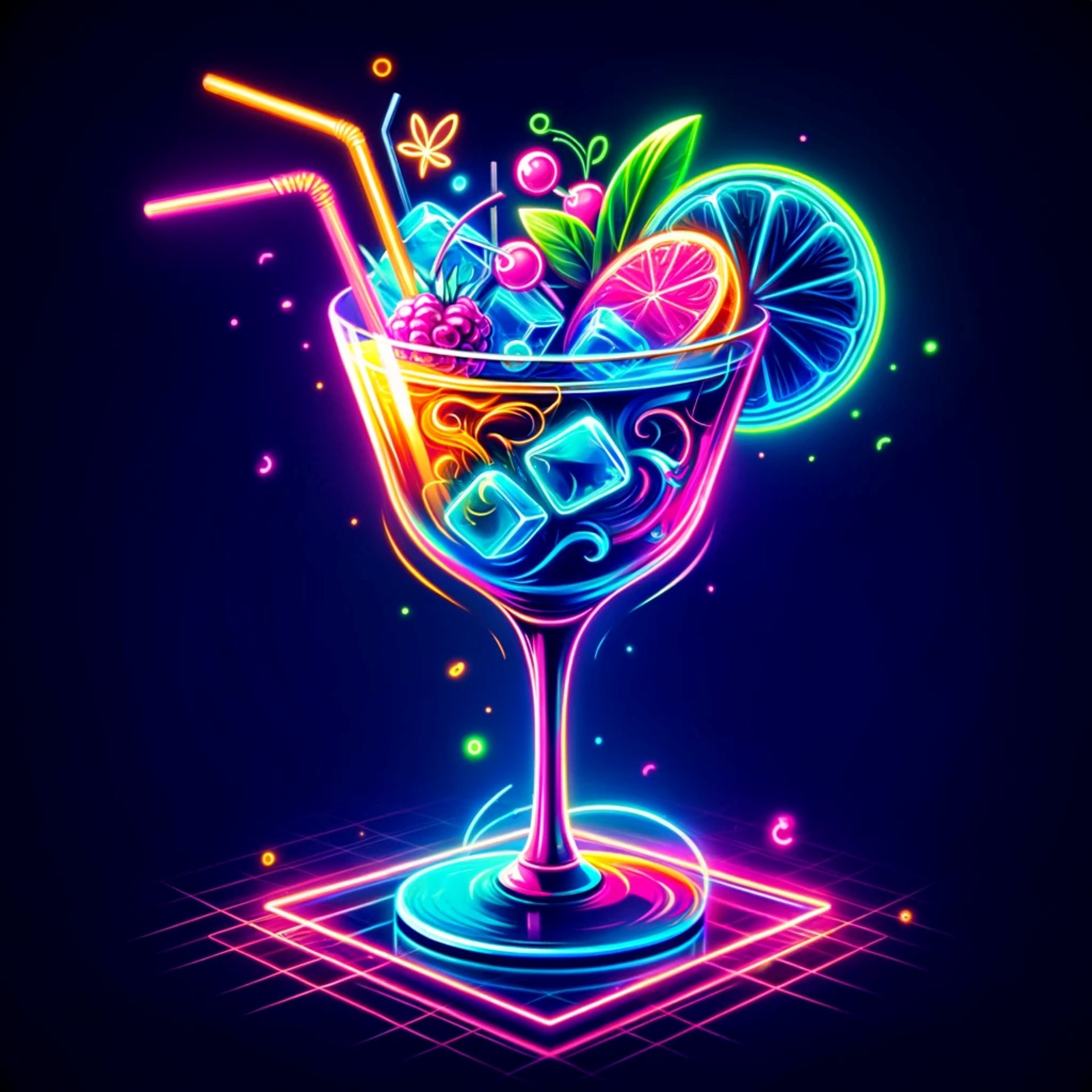 Neon Cocktail Delight: A vibrant celebration in a glass, featuring a dazzling mix of fruits and ice, glowing under neon lights. This visual treat is perfect for adding a splash of color and excitement to any occasion