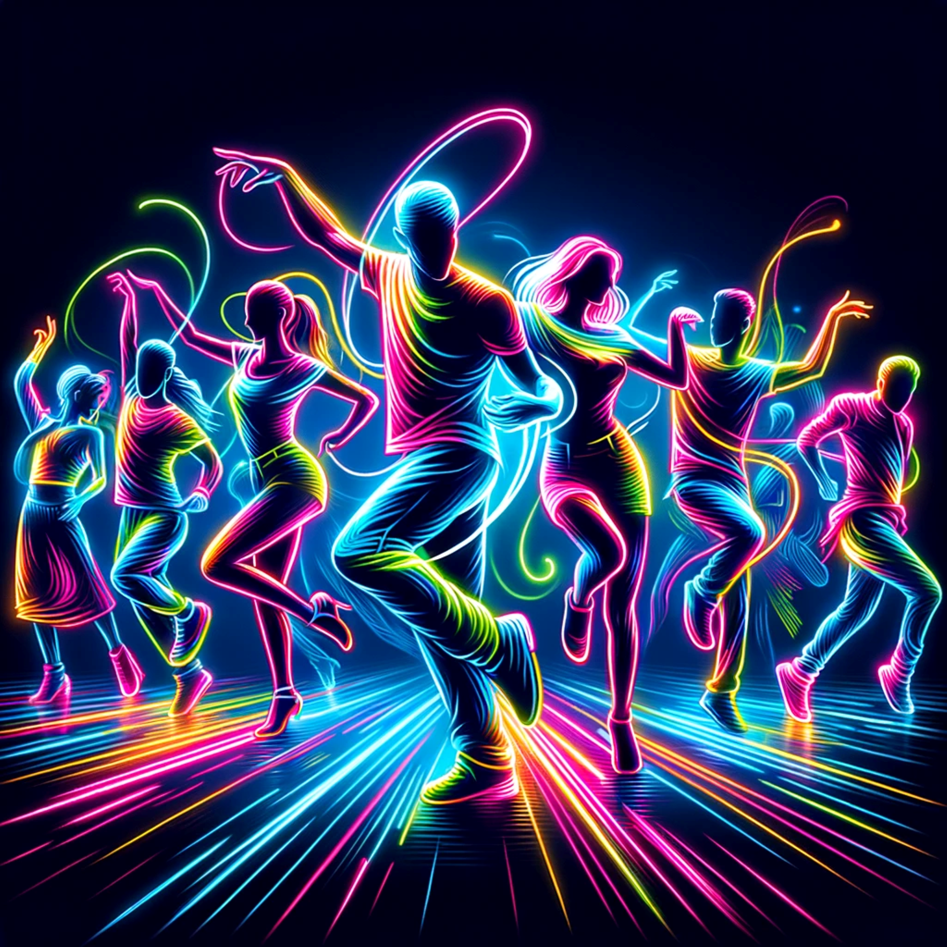 Neon Dance Explosion: Feel the rhythm as this group of dancers lights up the night with their electrifying moves, each twist and turn enhanced by a radiant neon glow. A vibrant celebration of movement and color.