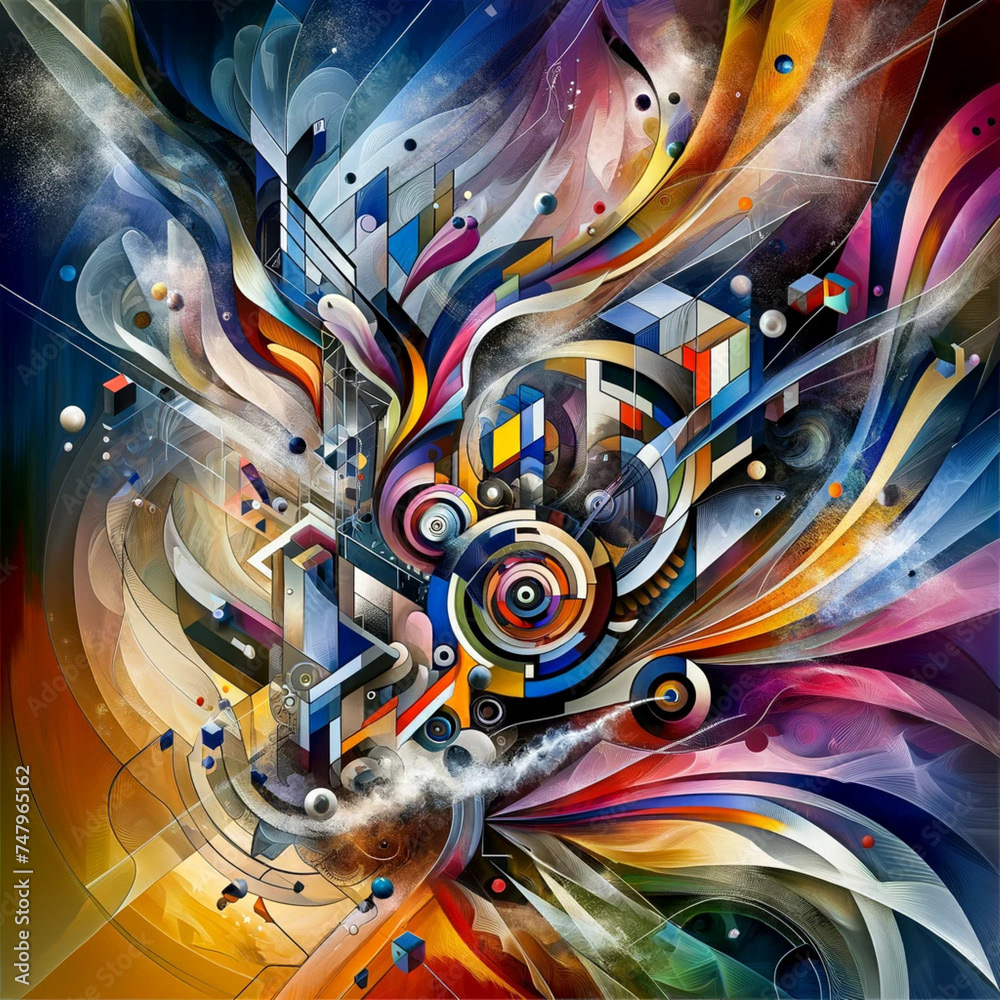 Abstract Whirlwind: A journey through a chaotic blend of geometric shapes and bursts of color, where each element plays its part in creating this captivating visual experience.