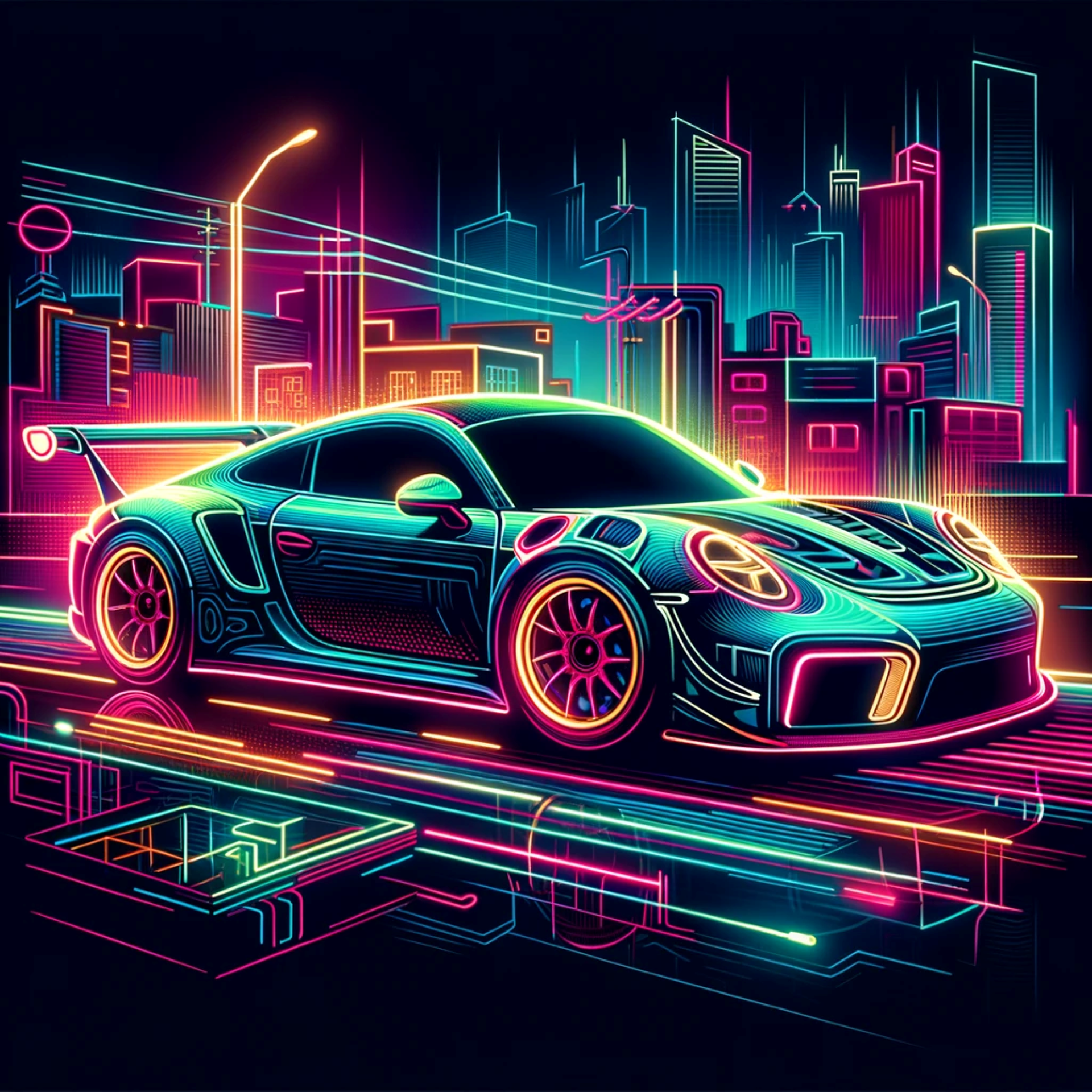 Neon sports car, luxury vehicle, urban drive, glowing car, futuristic automobile, cyber transport, neon speed, electric ride, modern car design, vibrant auto