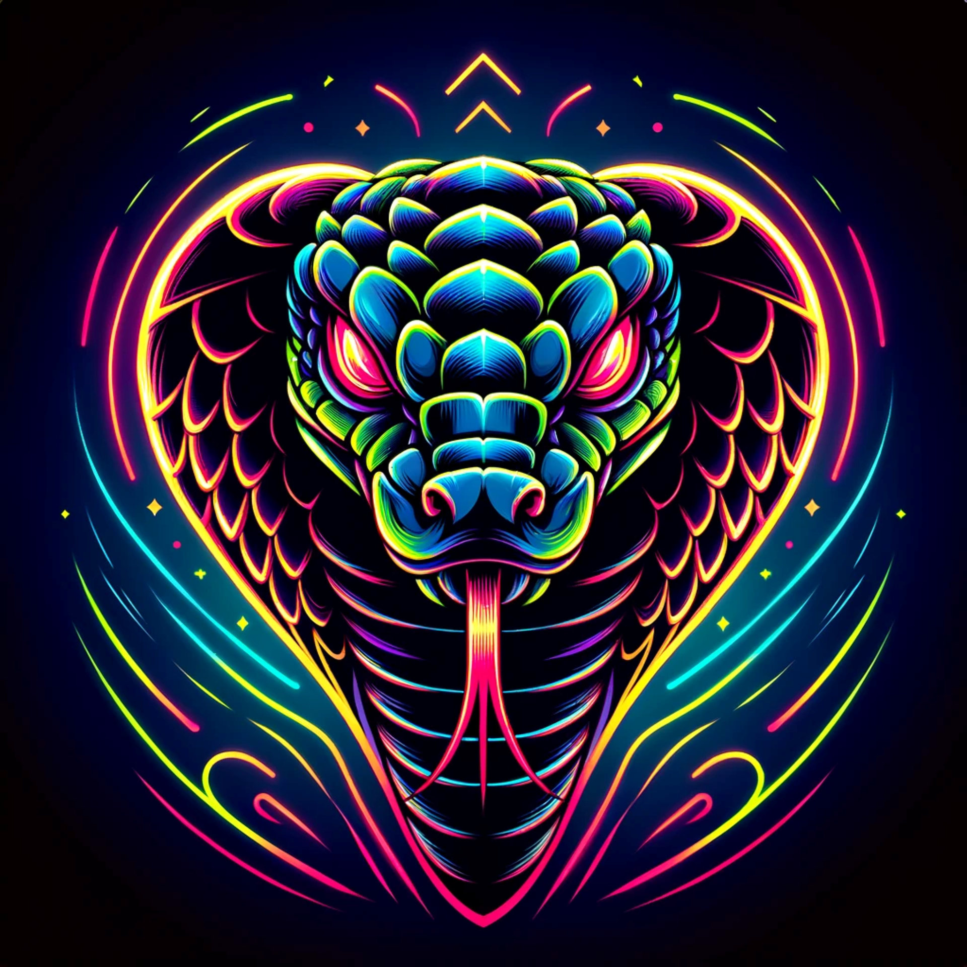 Neon Serpent Majesty: Dive into the depths of myth and mystery with this powerful neon serpent, whose glowing scales and piercing gaze embody the spirit of ancient legends and modern artistry.