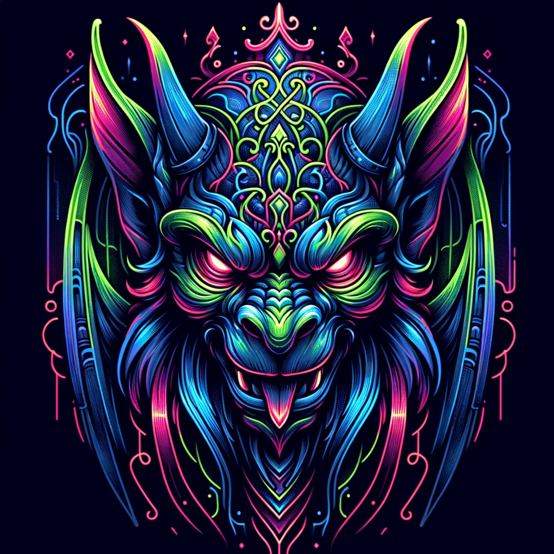 Neon Mythical Guardian: A mystical beast adorned in vibrant neon hues, symbolizing strength and wisdom. Its intricate design and luminous details evoke the allure of ancient legends reimagined through a modern, artistic lens.