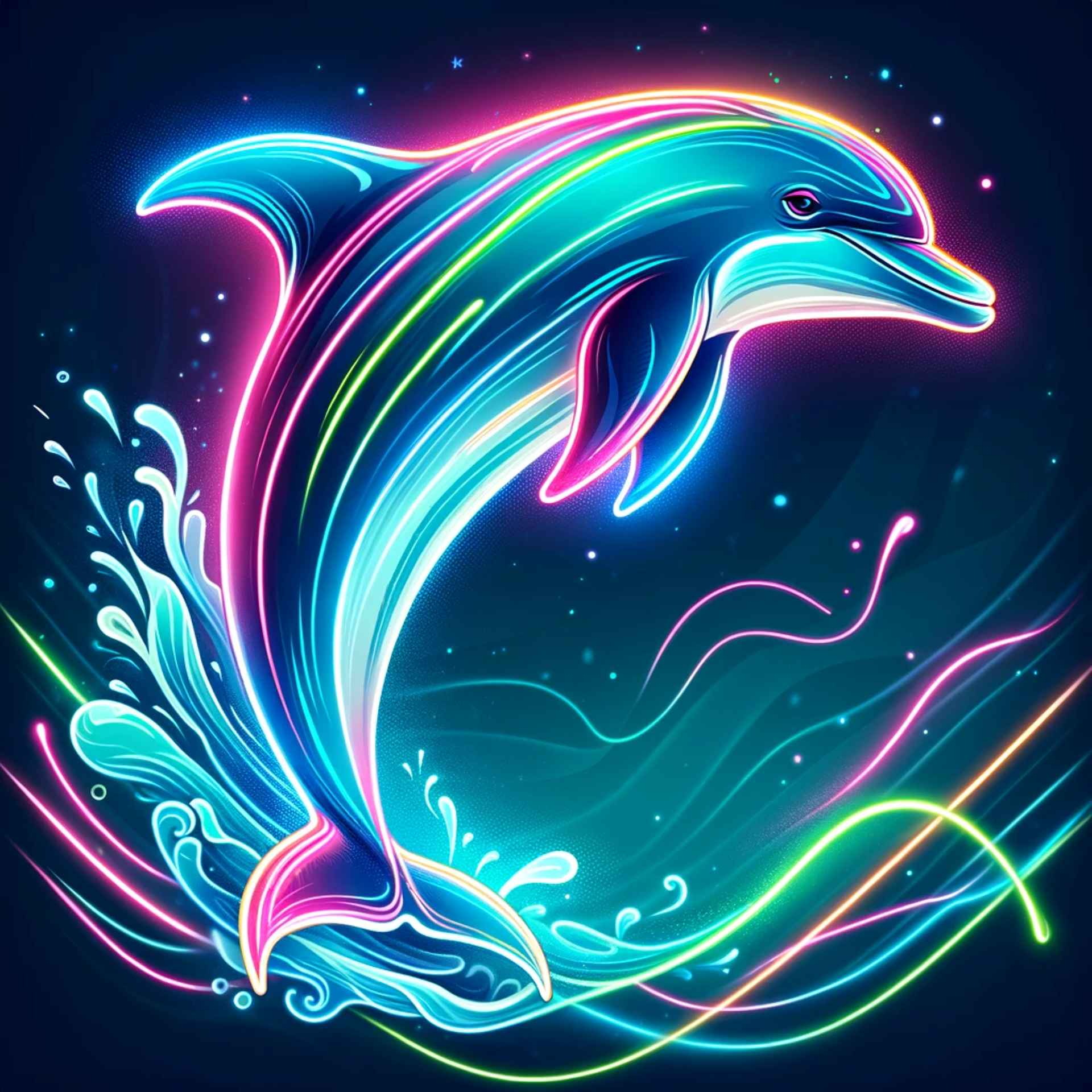 Neon Dolphin Leap: Dive into a cosmic ocean as this radiant neon dolphin gracefully arcs through a starry sea, illuminating the depths with vibrant waves of color.