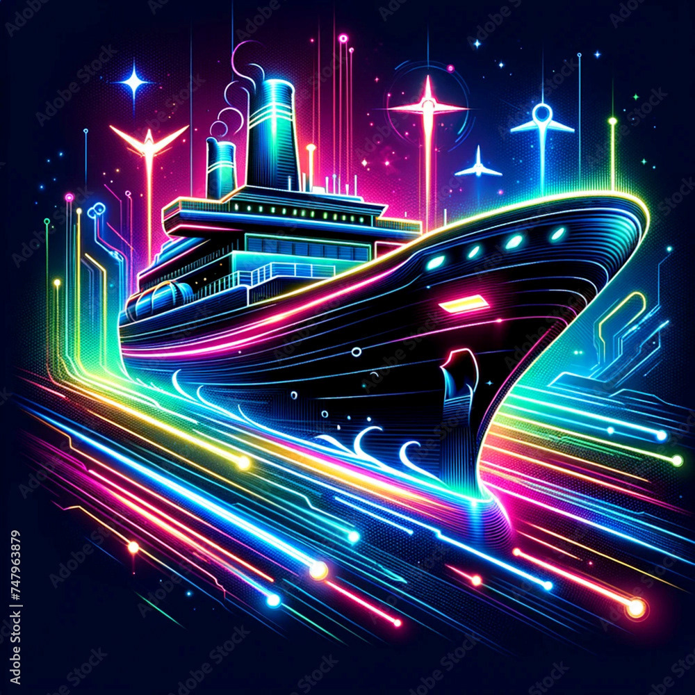 Neon Odyssey: A vivid journey through space aboard a futuristic cruise liner, illuminated by radiant neon lights and cosmic rays, creating a dazzling spectacle of speed and light