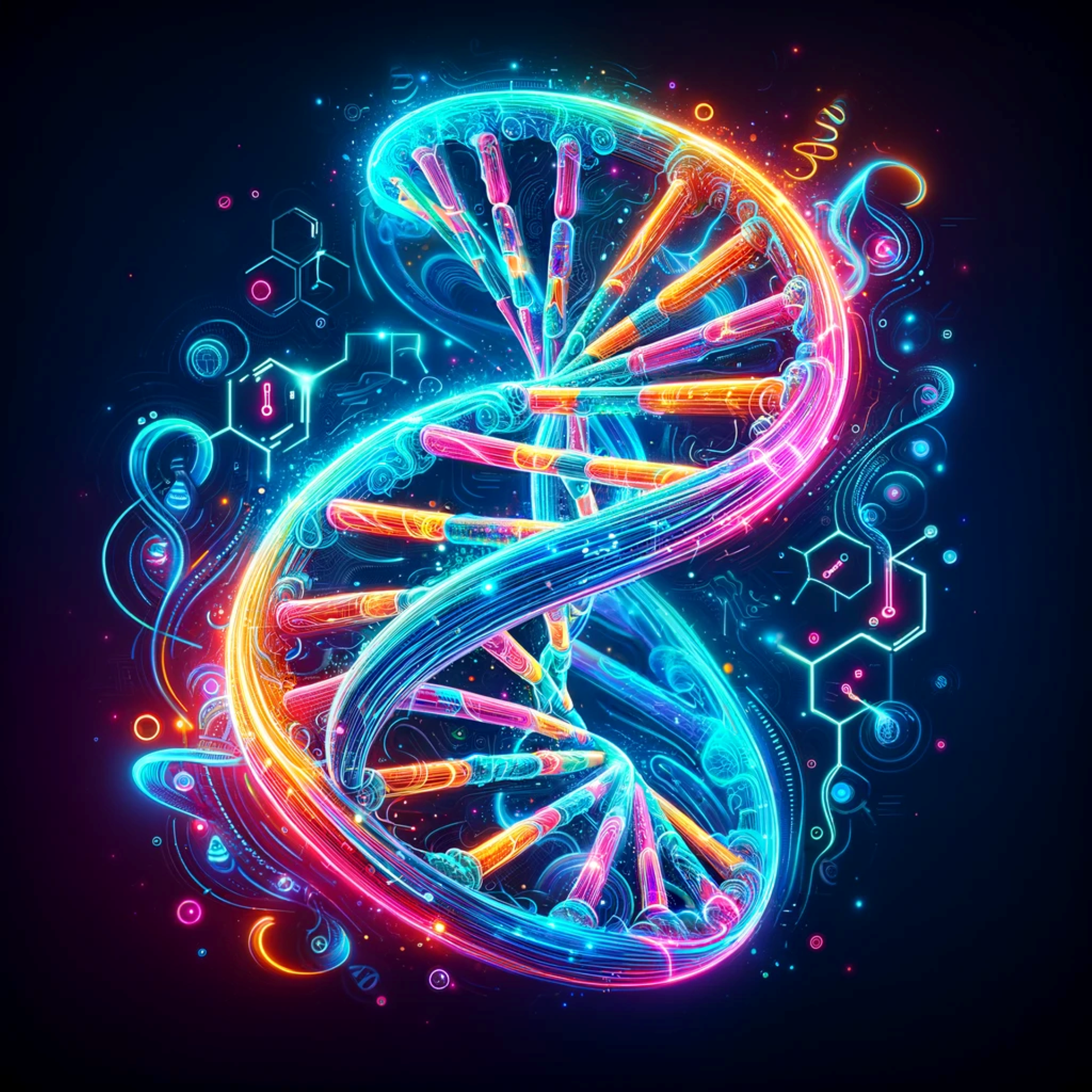 Neon DNA, genetics, biotechnology, molecular structure, fluorescent helix, science art, glowing genes, futuristic biology, cybernetic life, medical illustration