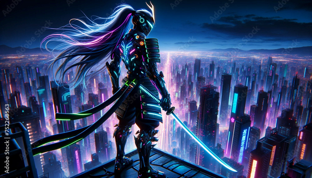 Anime character combining elements of cyberpunk and samurai tradition, ready for adventure in a neon-lit city at night