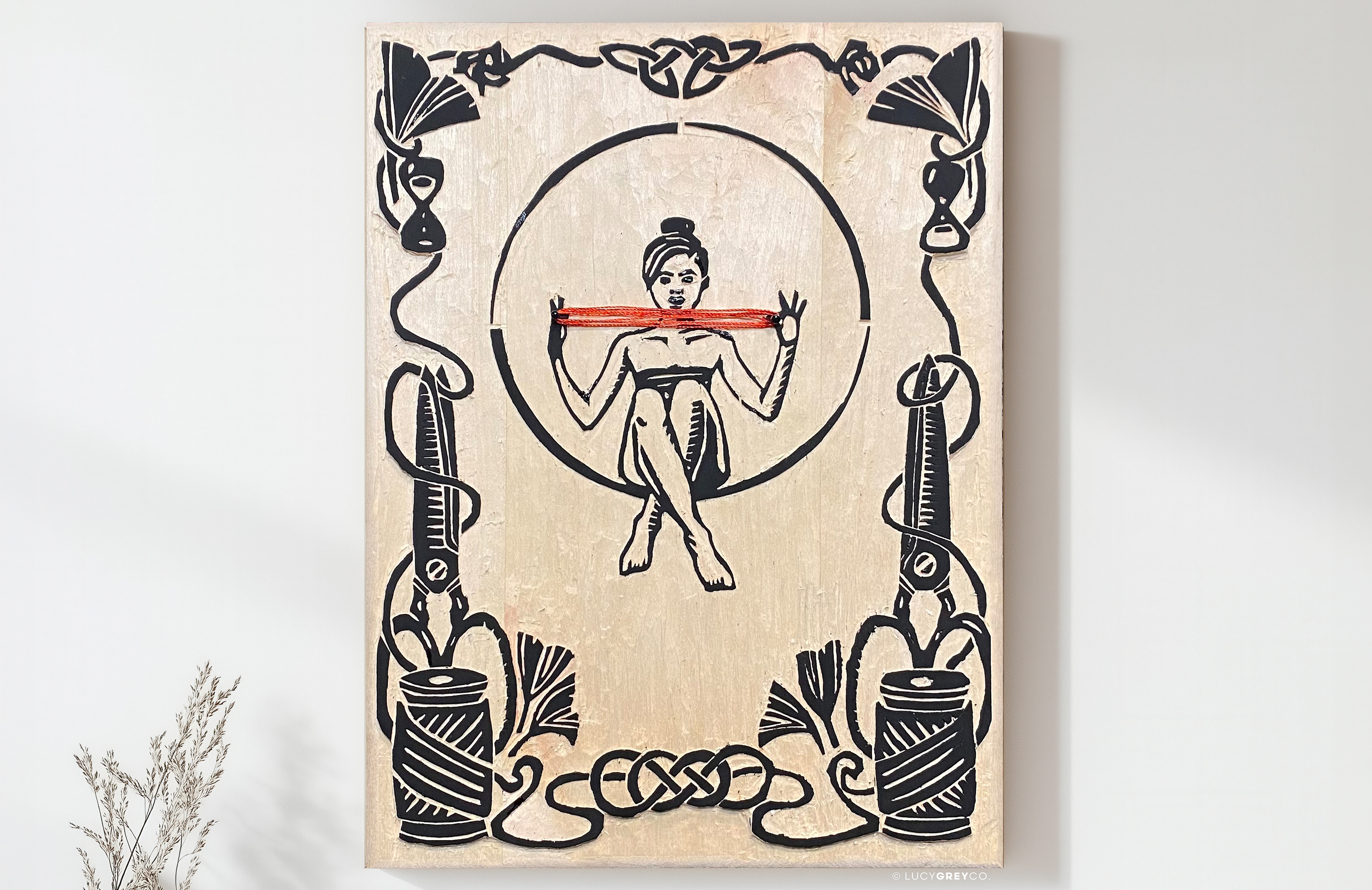 "Cat's Cradle" Mixed Media, Inked Woodcut