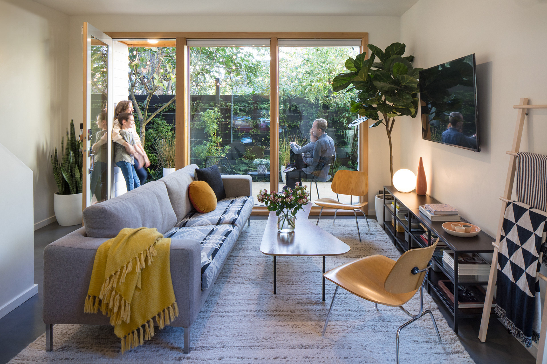 Modern, cozy living room space.