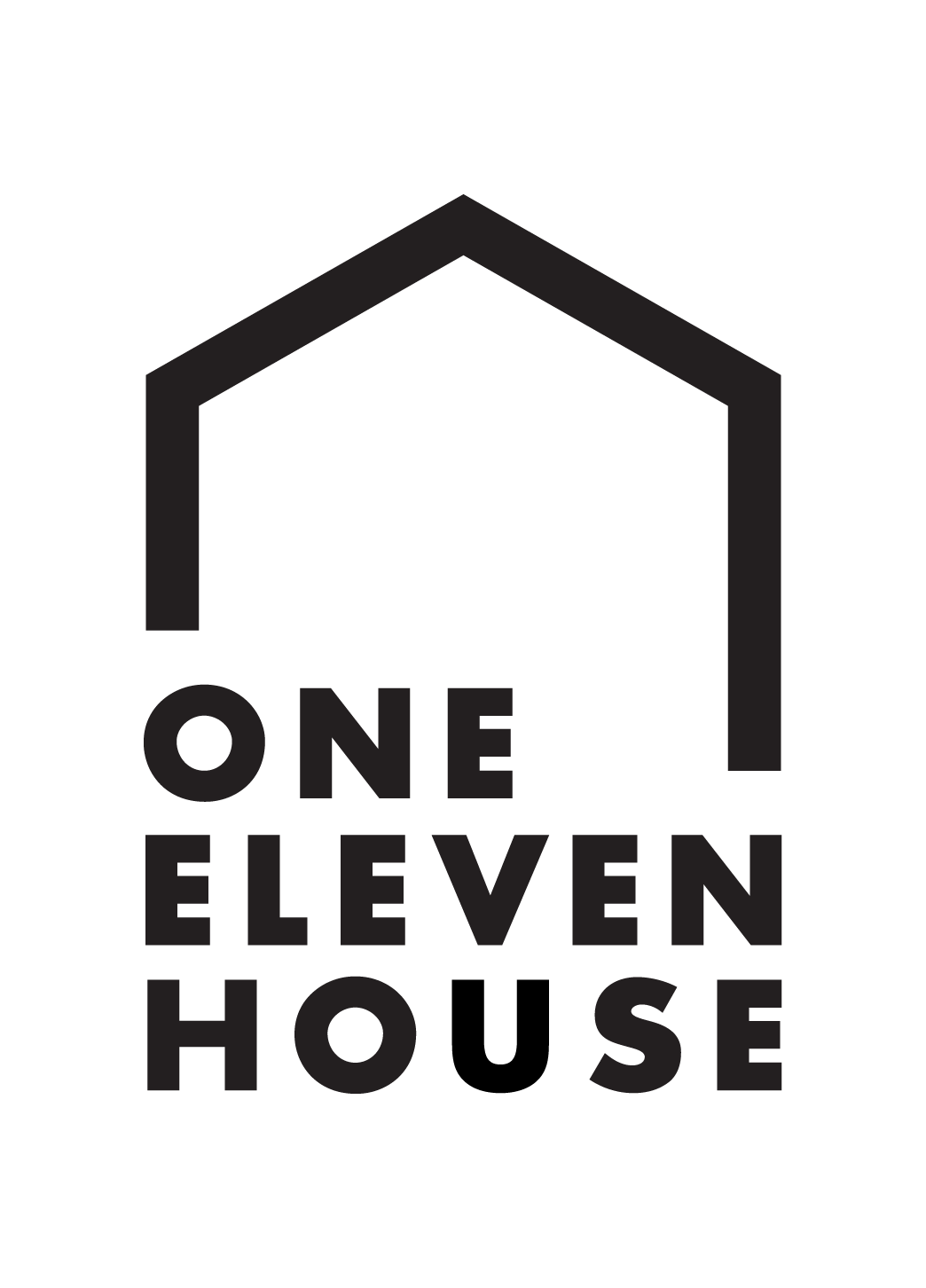 Logomark for the one-eleven house. Three vertical lines support a roof and underneath them are the words One Eleven.