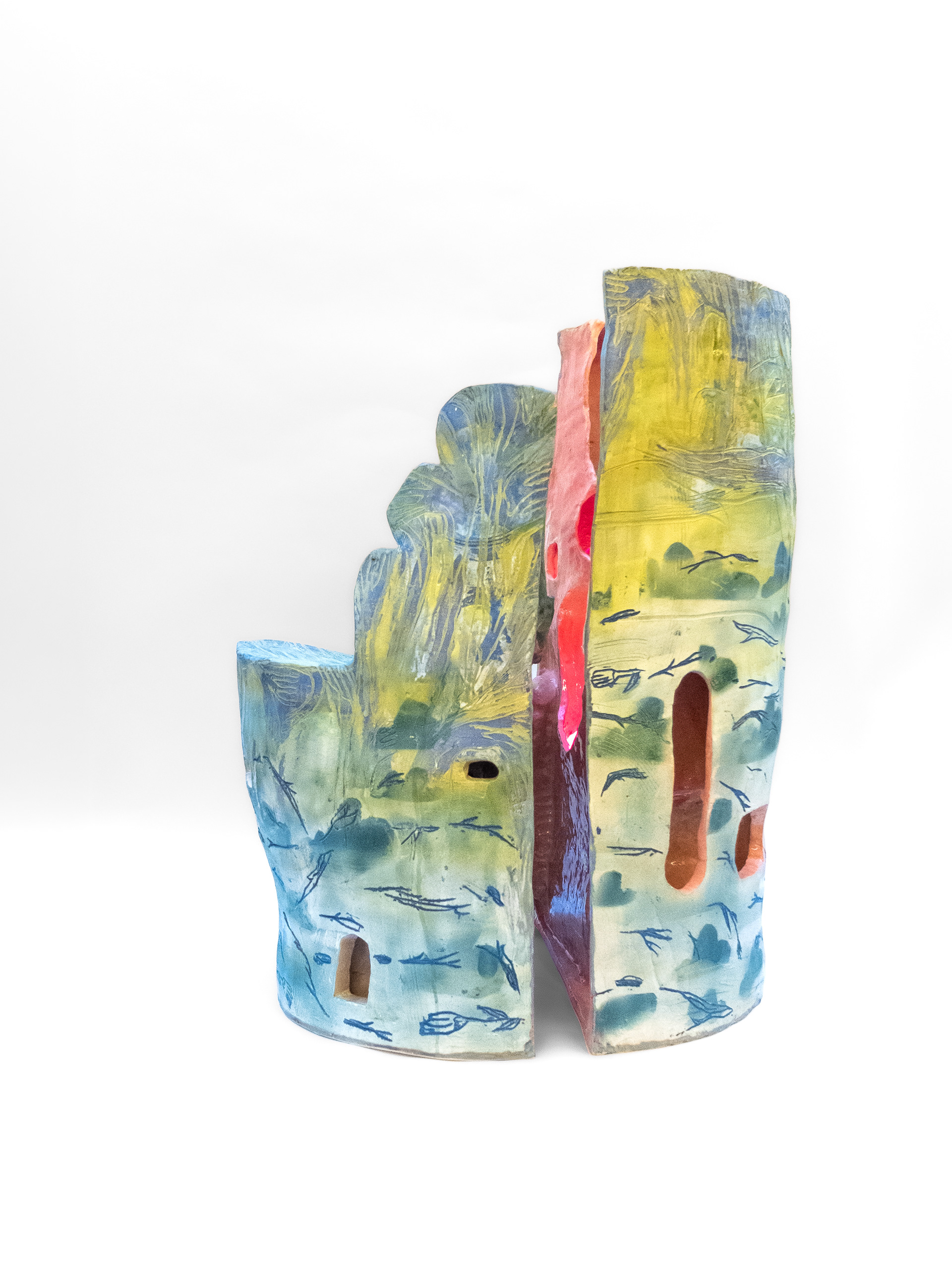 Cavern/ Fortress, 2025 H: 32" W: 19" D: 23.5", Stoneware, stains, slips, underglaze, glaze. Lighting comonent. 