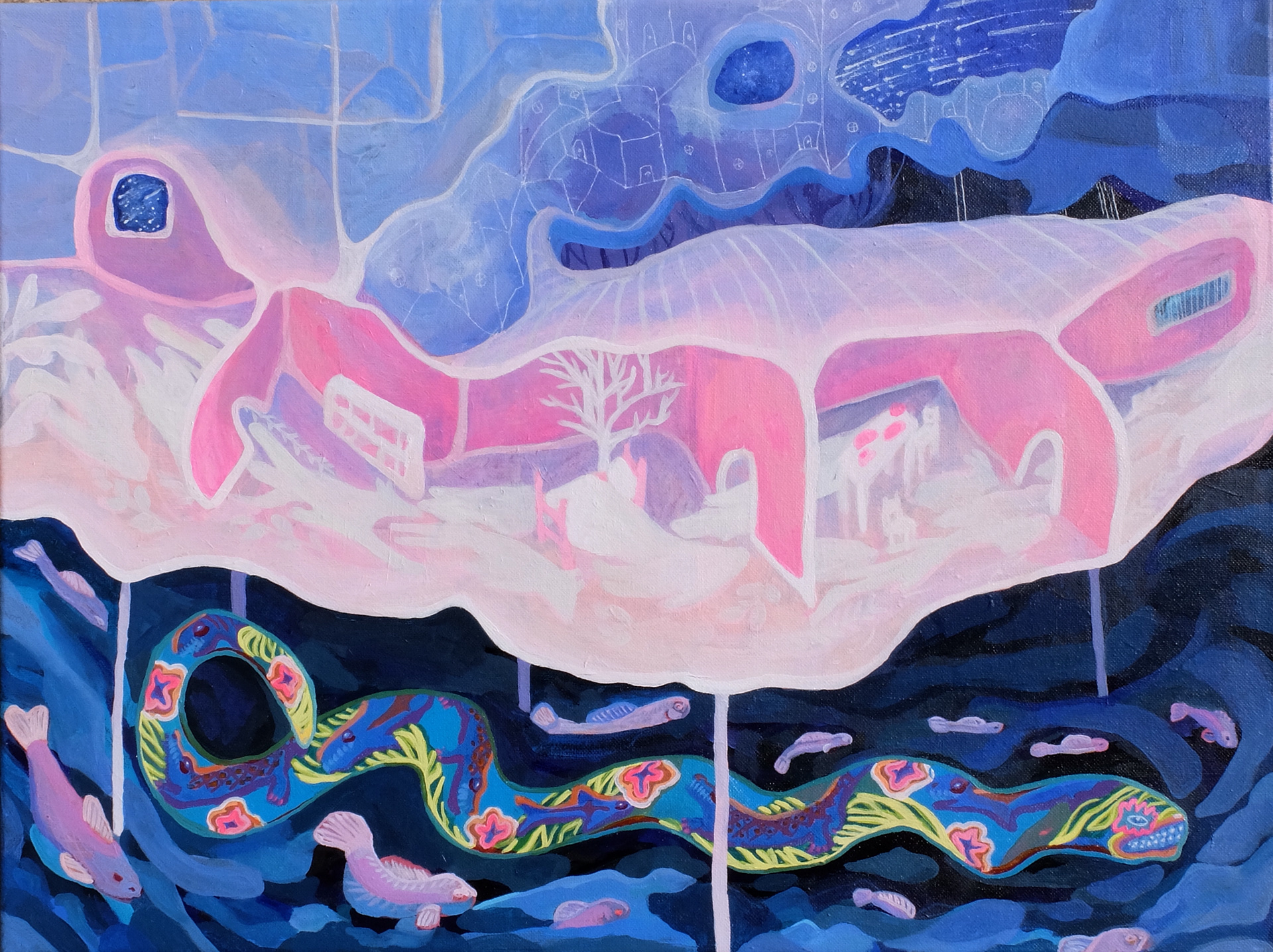 Passage, 2023, 18"x24", acrylic and ink on canvas. 