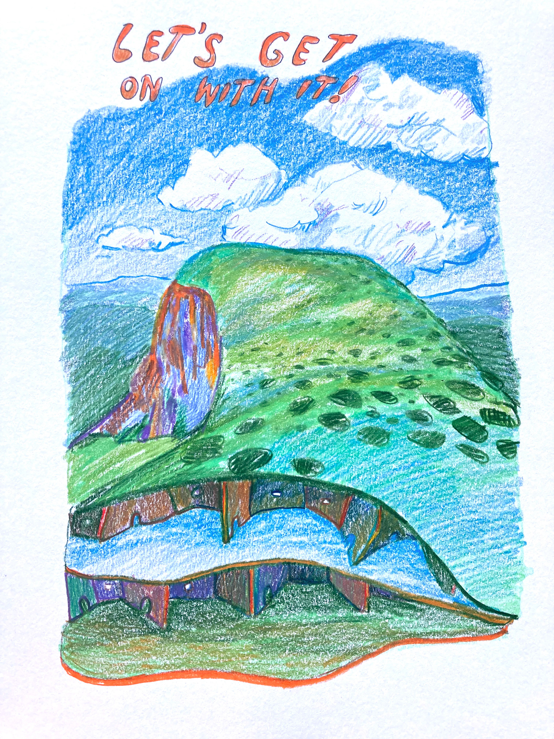 Let's get on with it!, 2023, 11"x8.5", pencil crayon on paper.